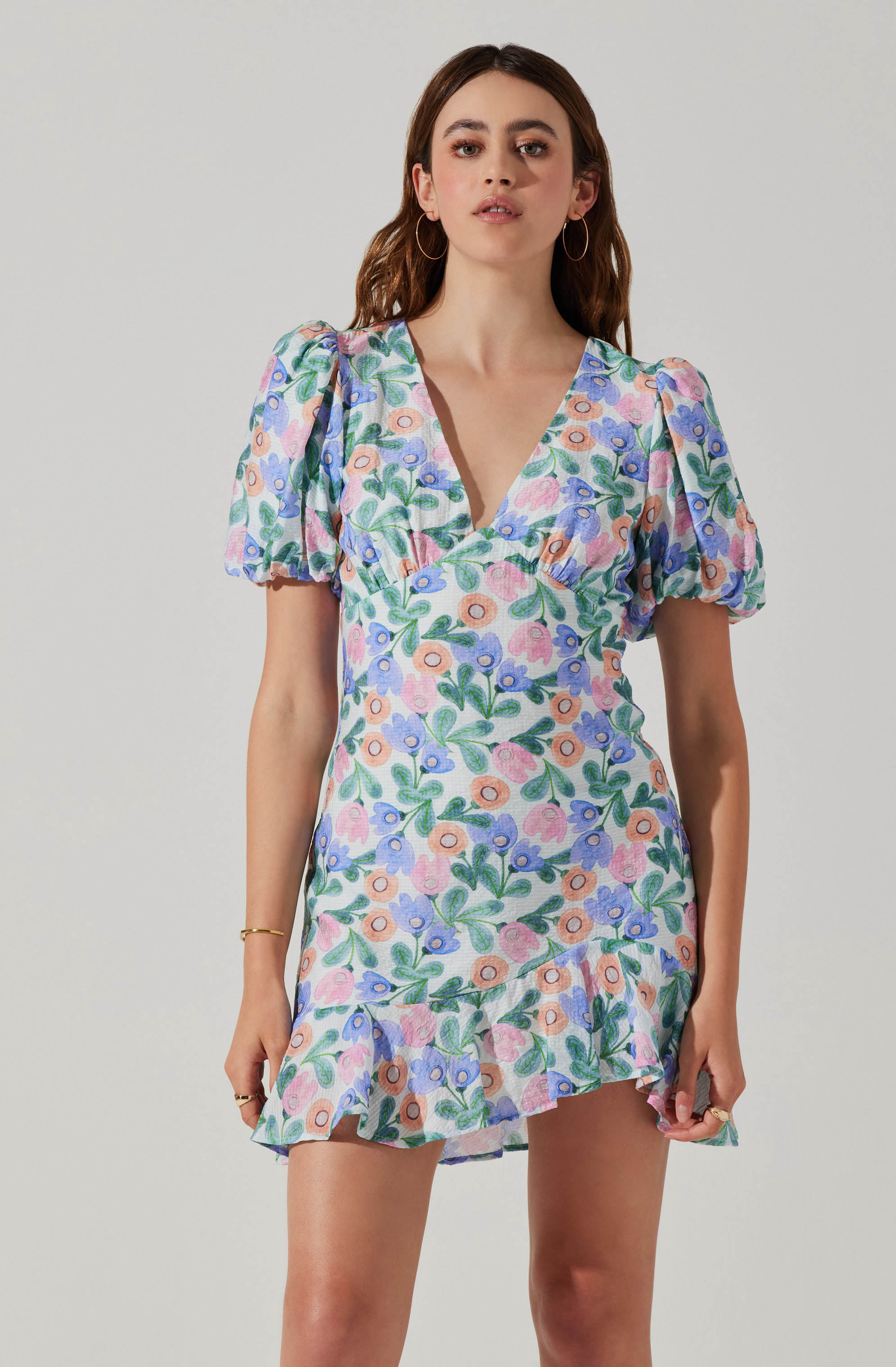 Flutter Sleeve Cutout Floral Mini Dress-Aljck