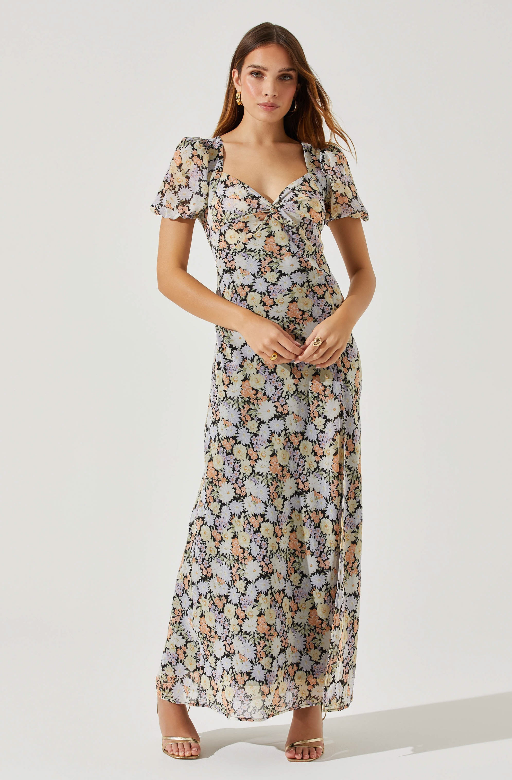 Sweetheart Neck Floral Twist Bust Maxi Dress-Aljck