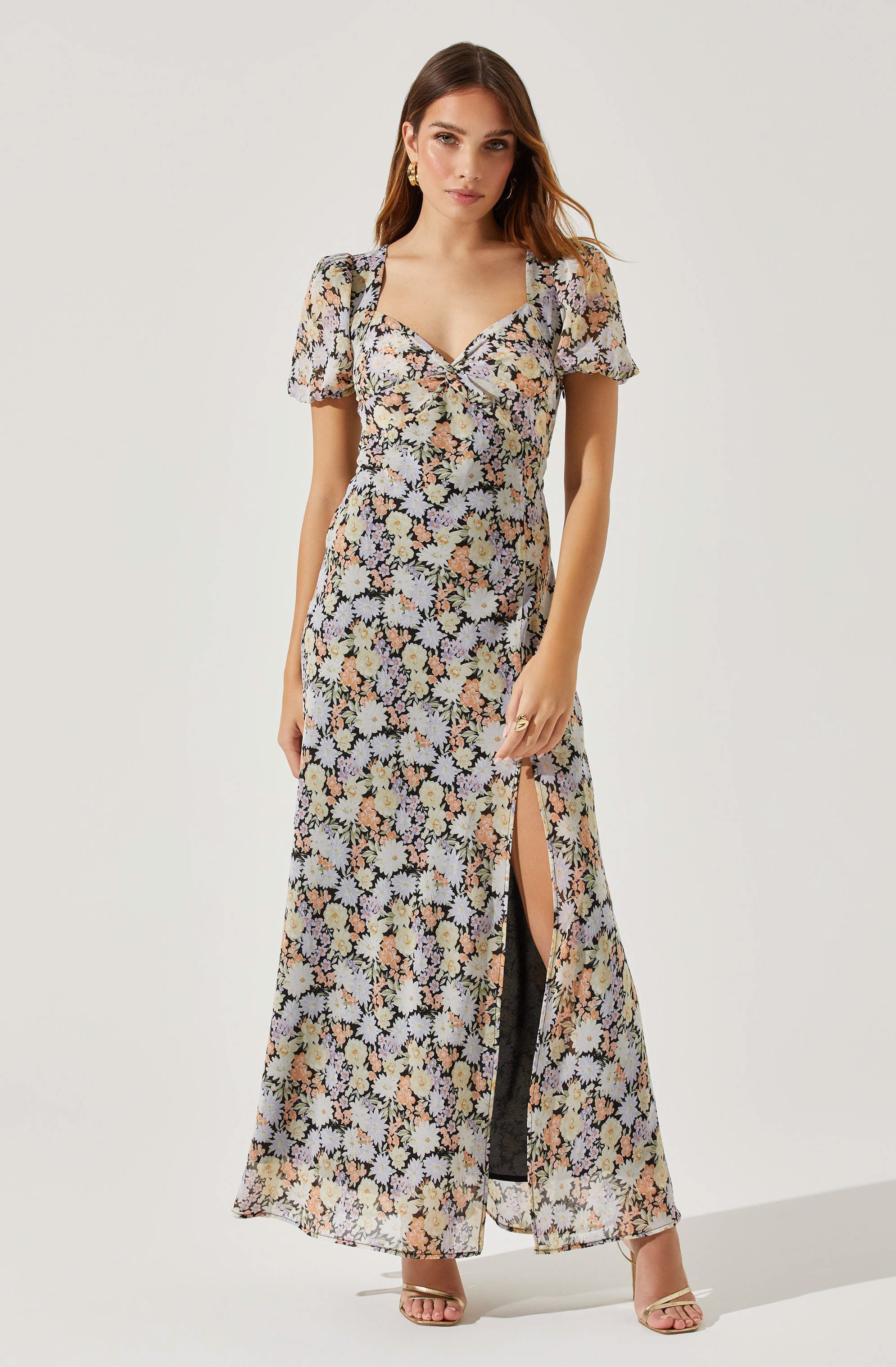 Sweetheart Neck Floral Twist Bust Maxi Dress-Aljck