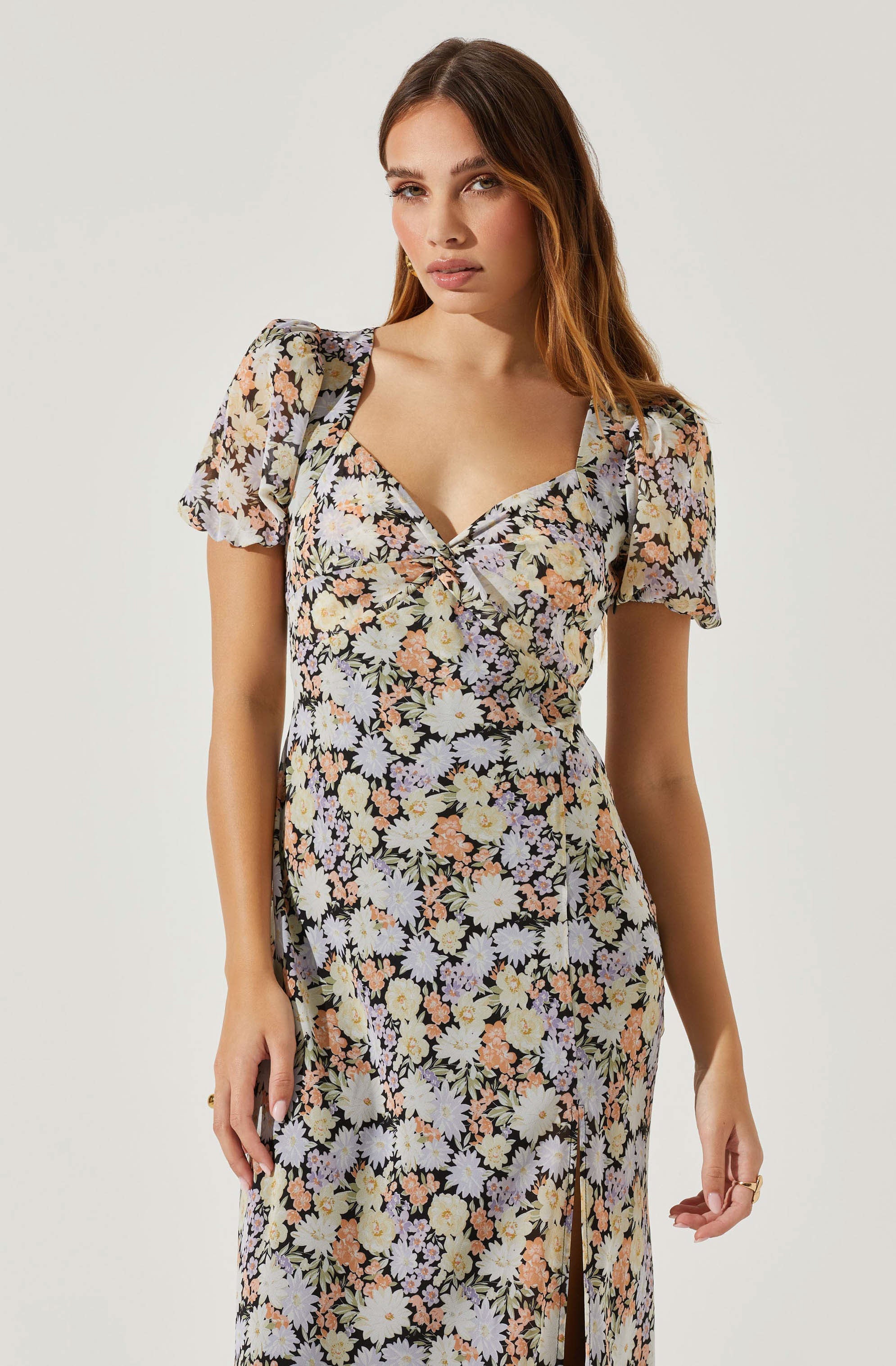 Sweetheart Neck Floral Twist Bust Maxi Dress-Aljck