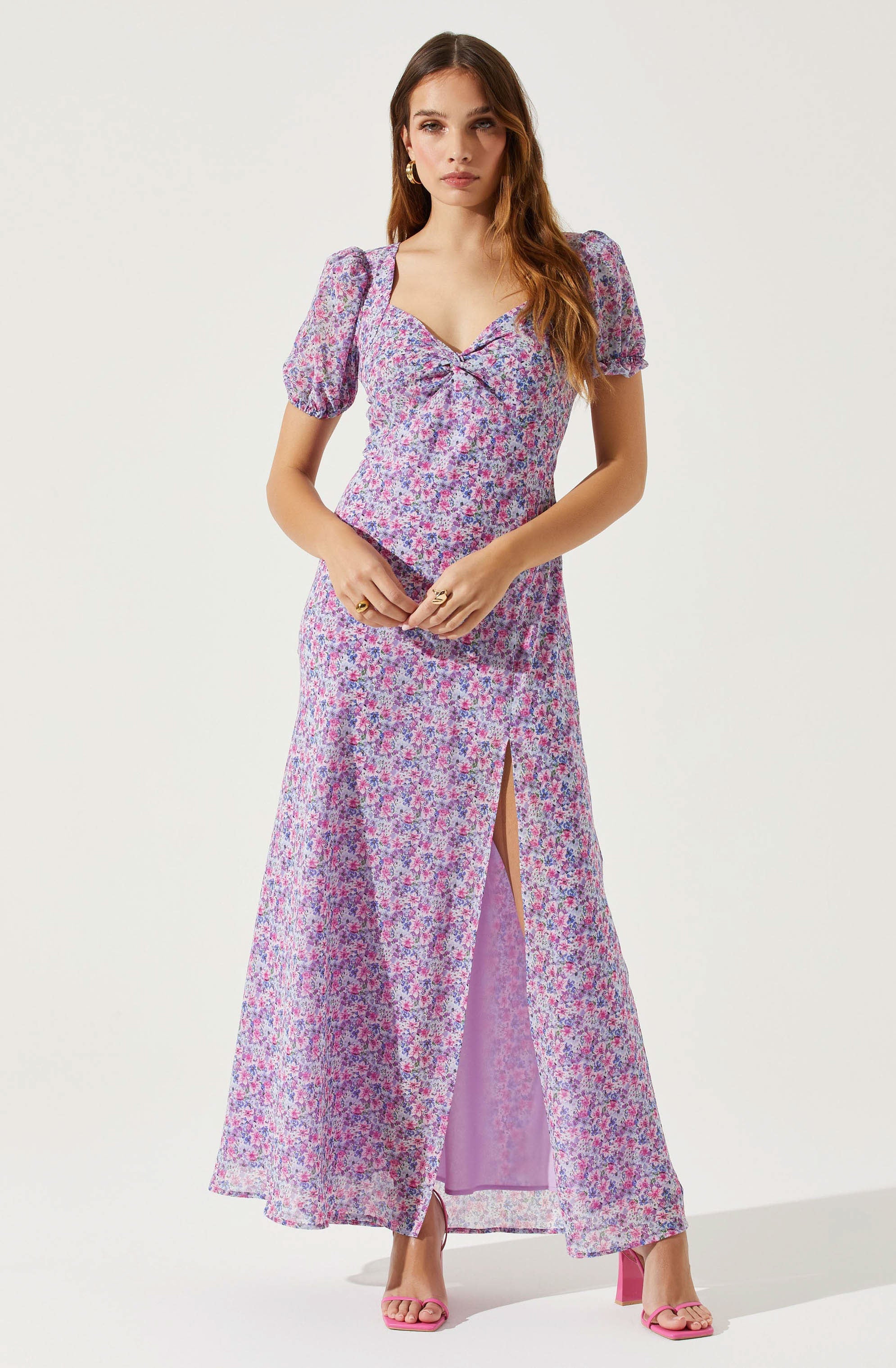 Sweetheart Neck Floral Twist Bust Maxi Dress-Aljck