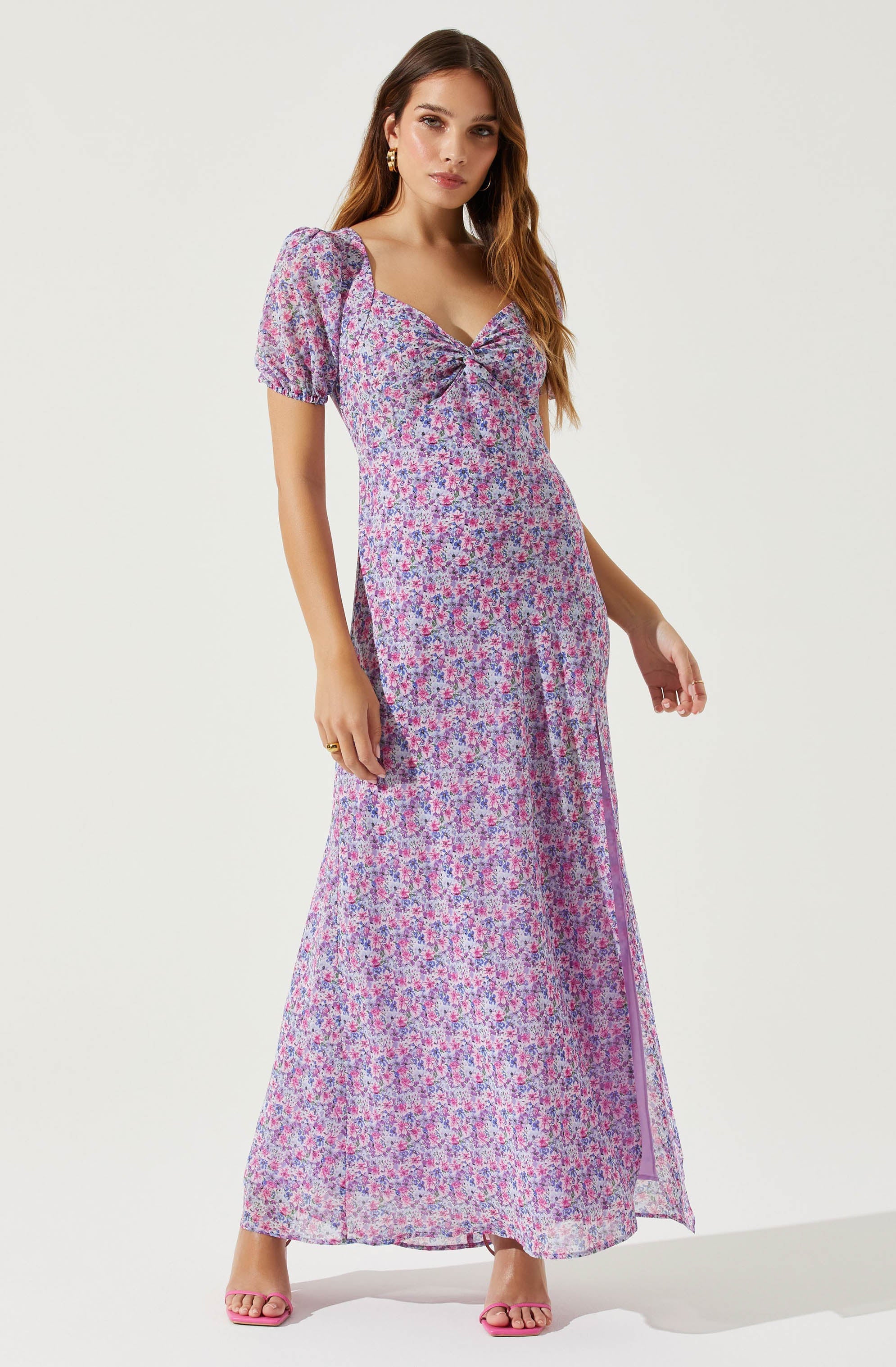 Sweetheart Neck Floral Twist Bust Maxi Dress-Aljck