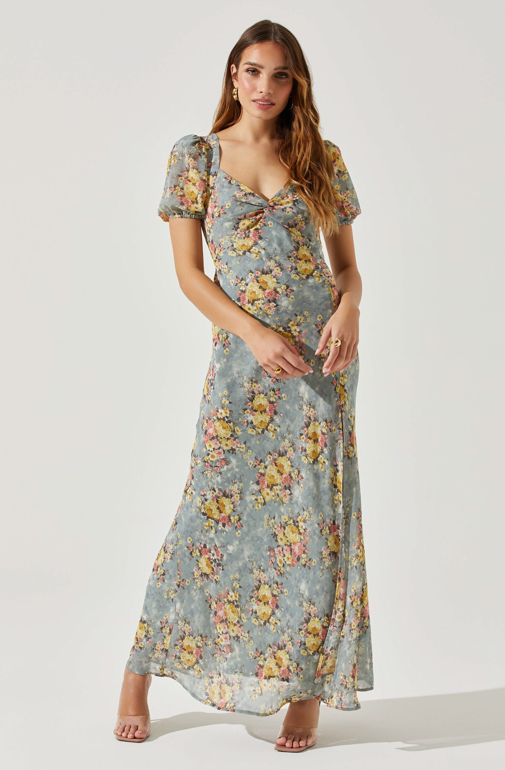 Sweetheart Neck Floral Twist Bust Maxi Dress-Aljck