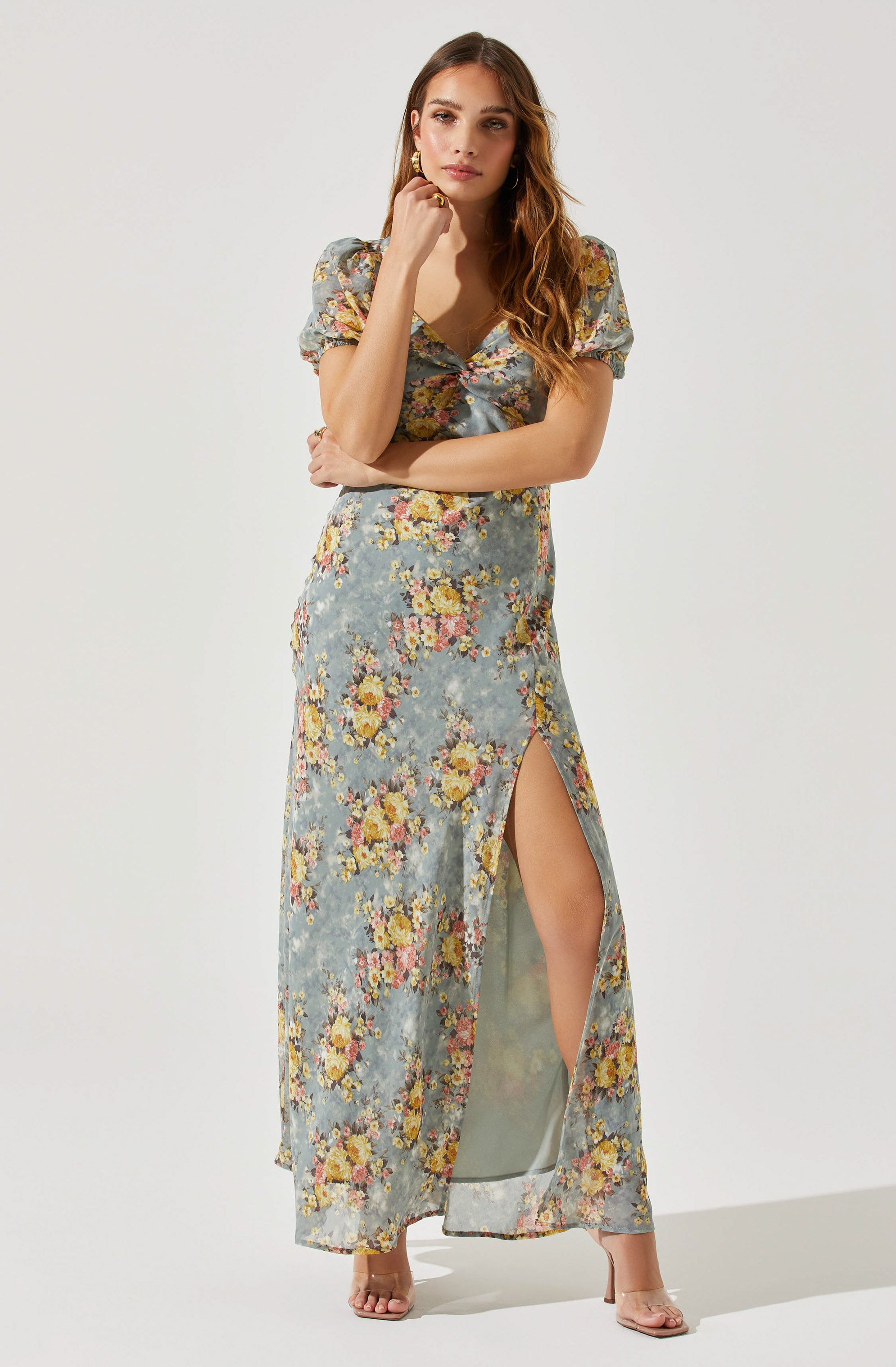 Sweetheart Neck Floral Twist Bust Maxi Dress-Aljck