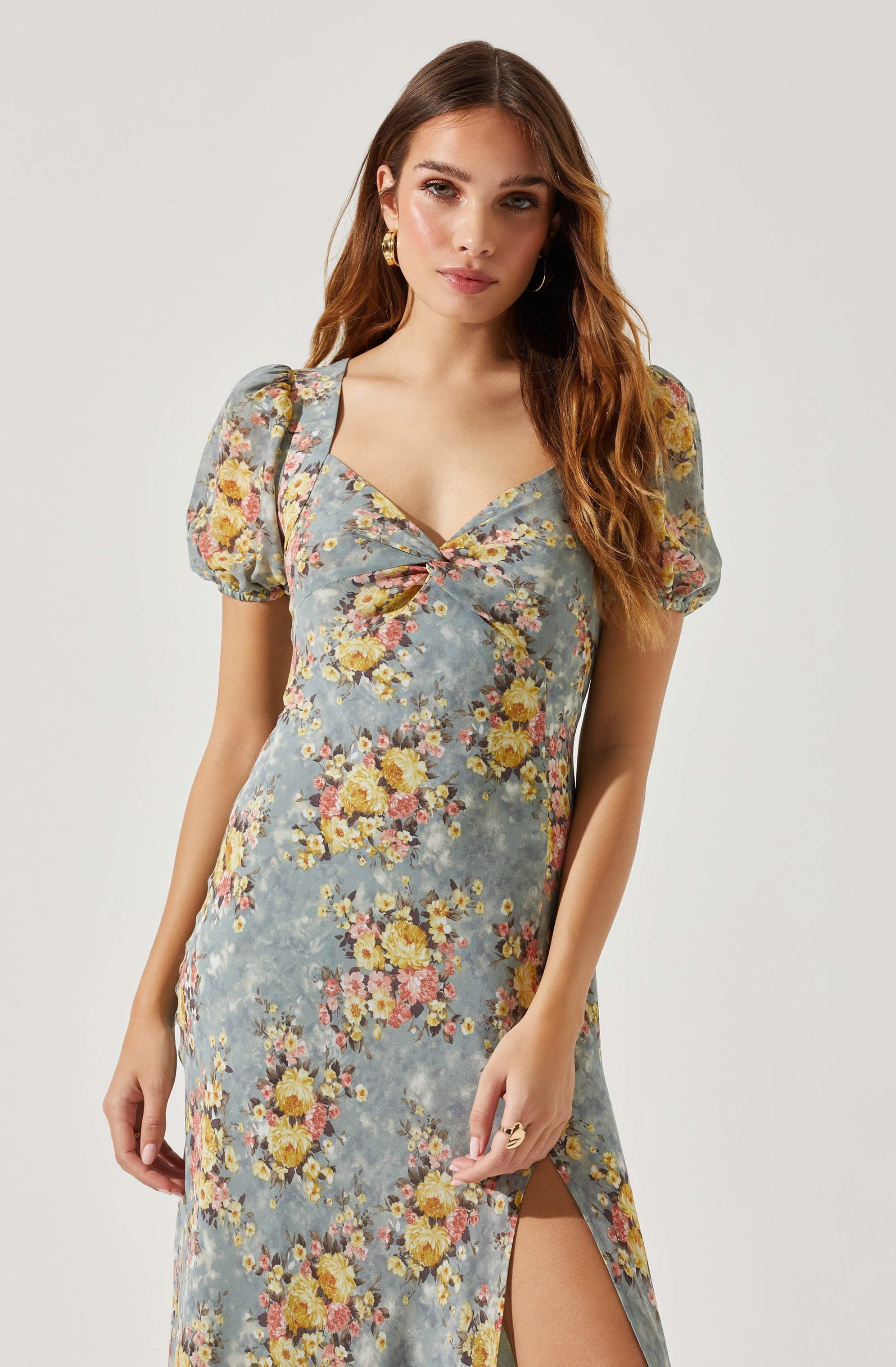 Sweetheart Neck Floral Twist Bust Maxi Dress-Aljck