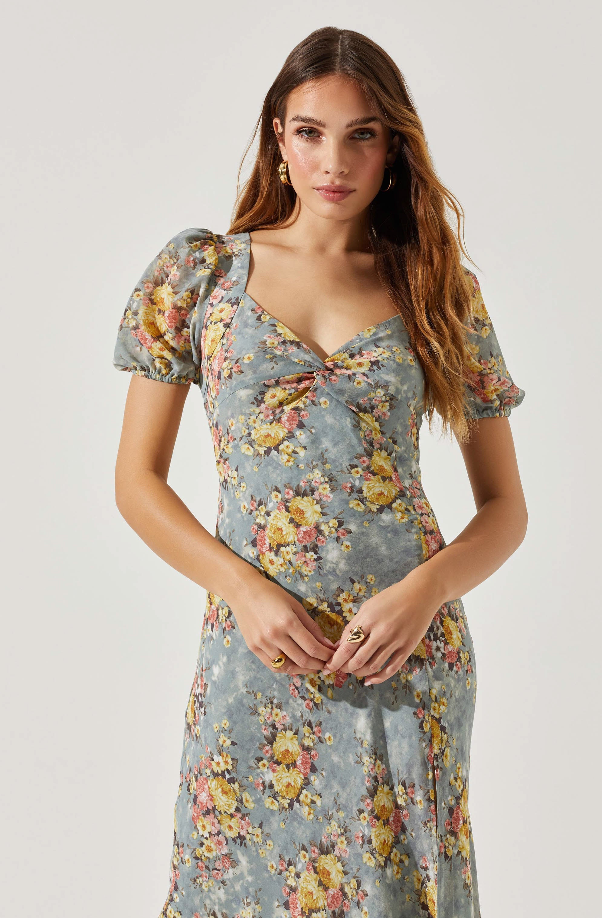 Sweetheart Neck Floral Twist Bust Maxi Dress-Aljck