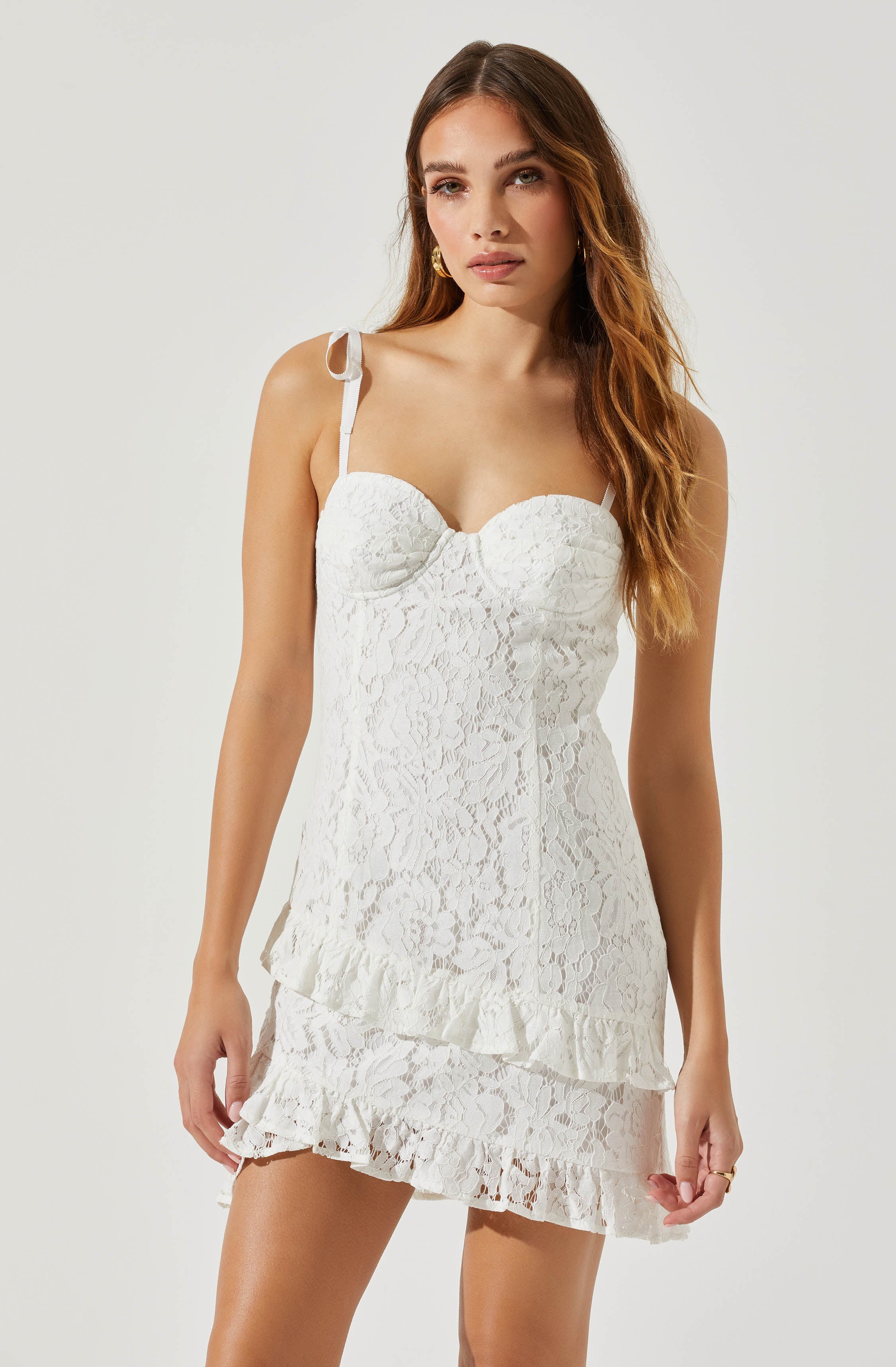 Tie Straps Lace Ruffle Mini Dress-Aljck