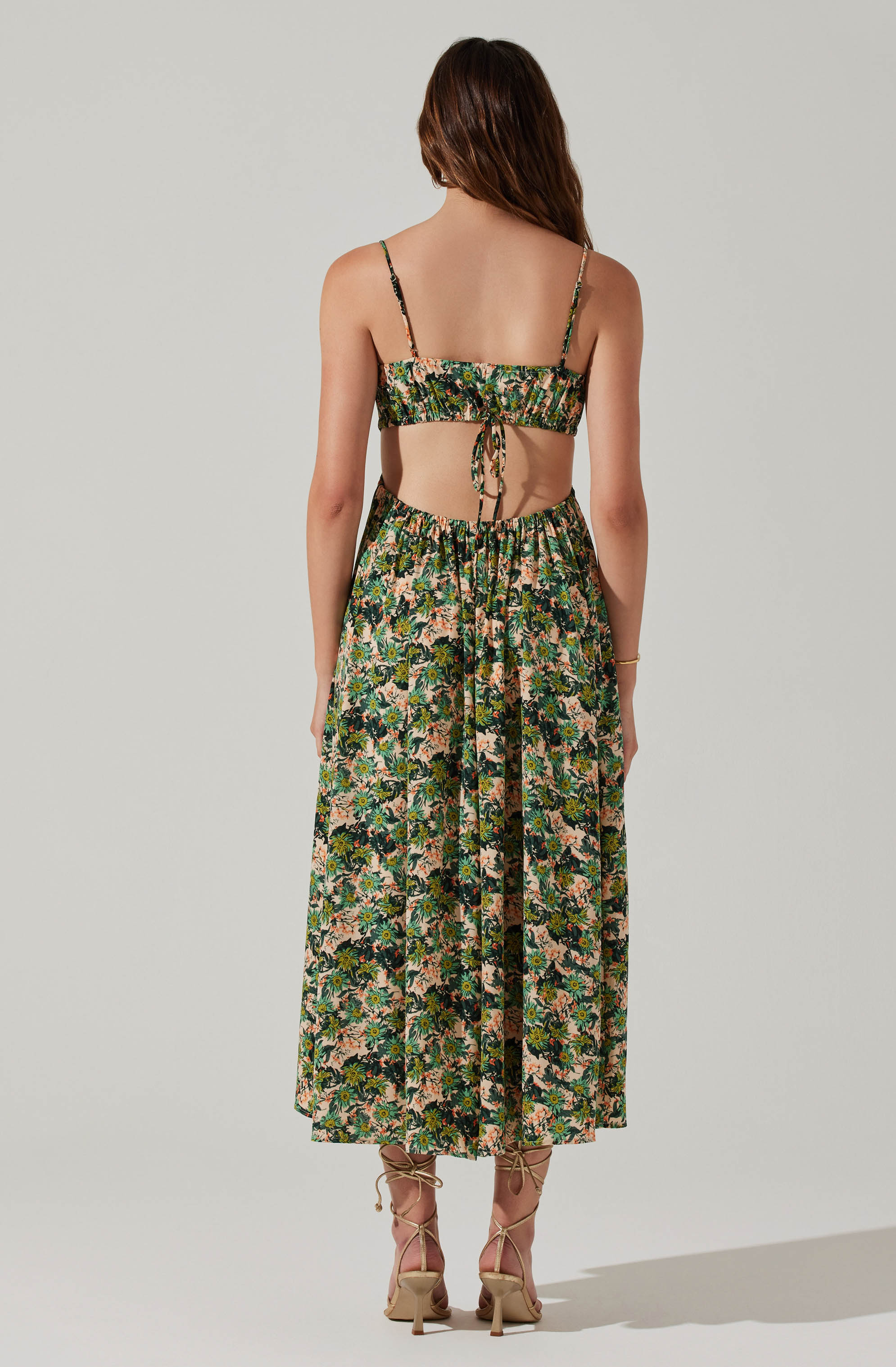 Open Back Floral Midi Dress-Aljck