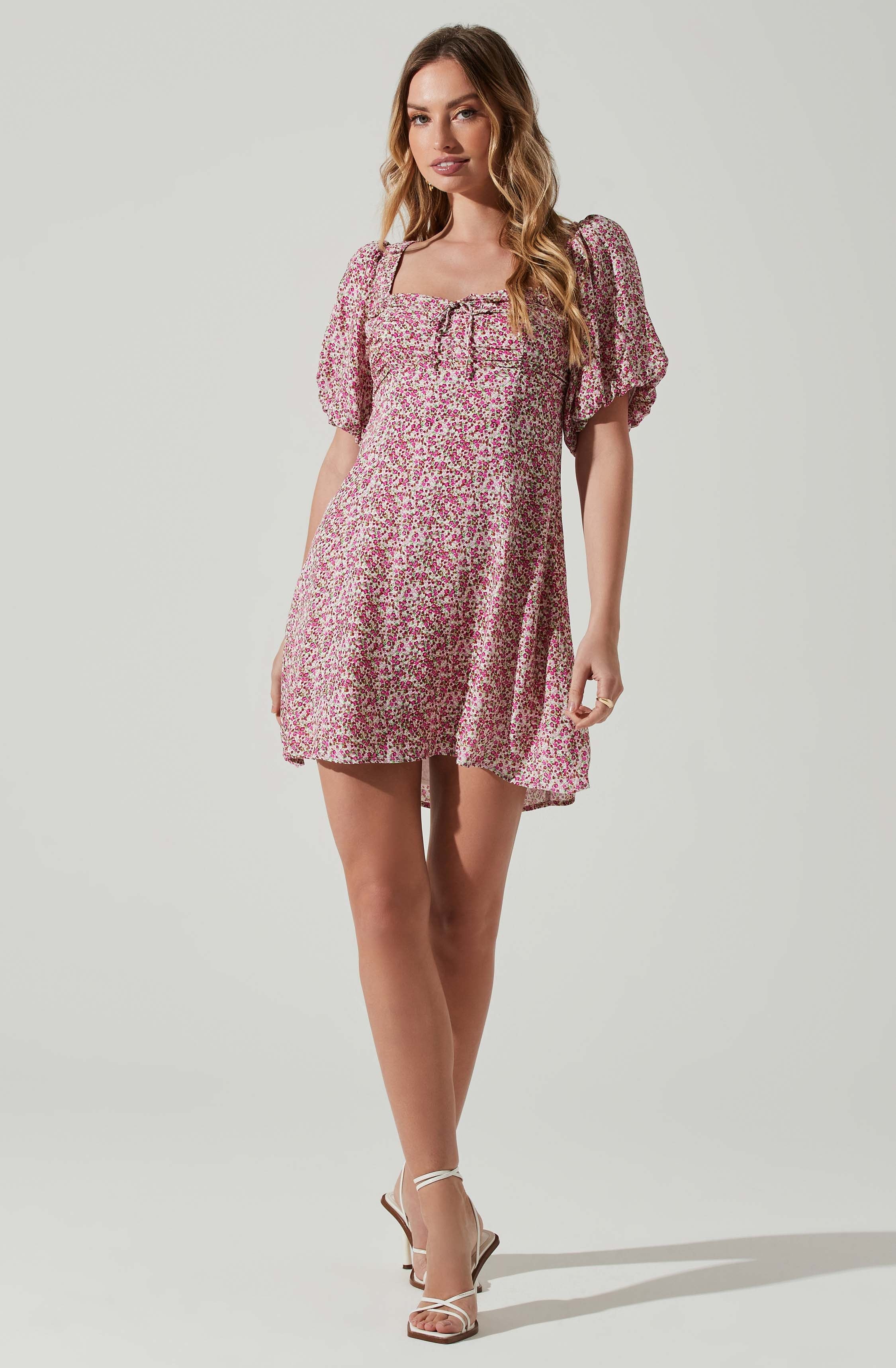 Floral Puff Sleeve Mini Dress-Aljck