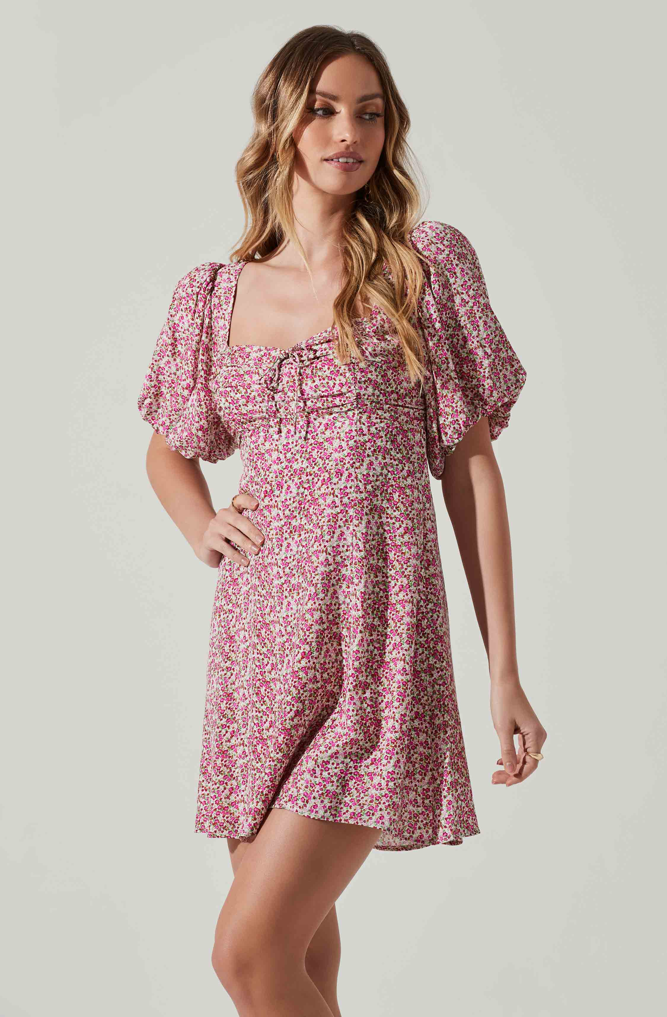 Floral Puff Sleeve Mini Dress-Aljck