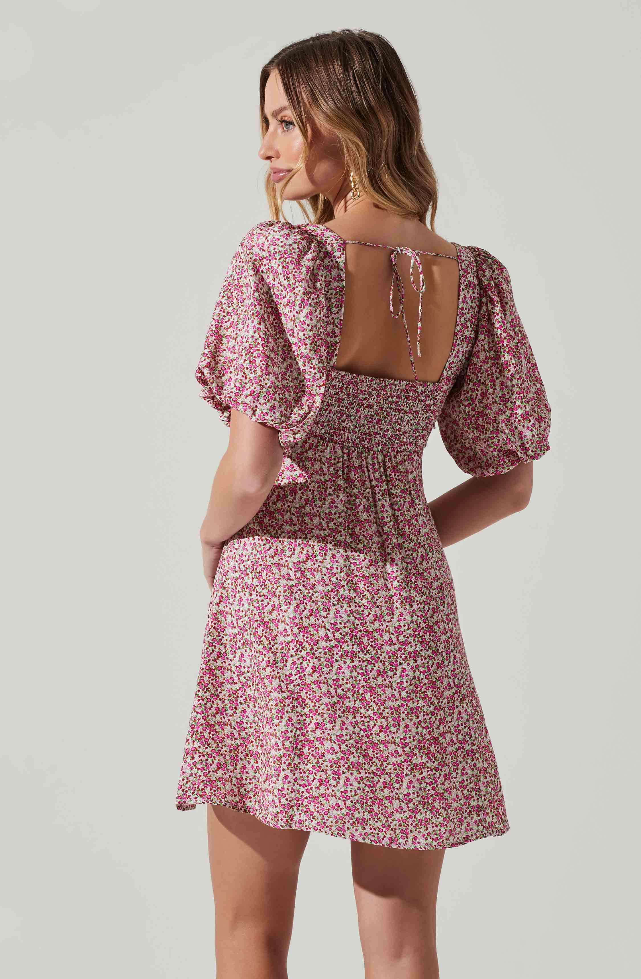 Floral Puff Sleeve Mini Dress-Aljck