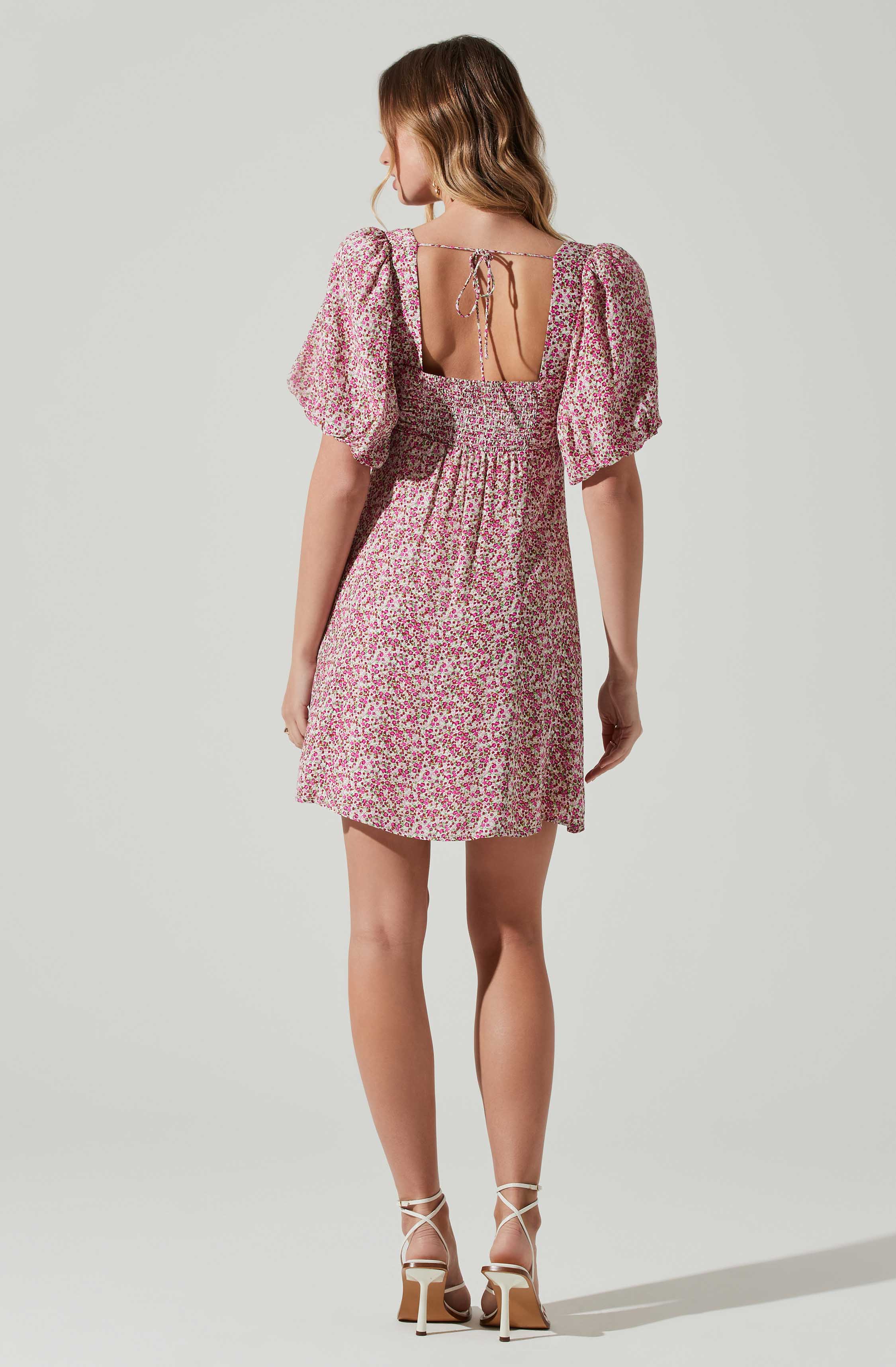 Floral Puff Sleeve Mini Dress-Aljck