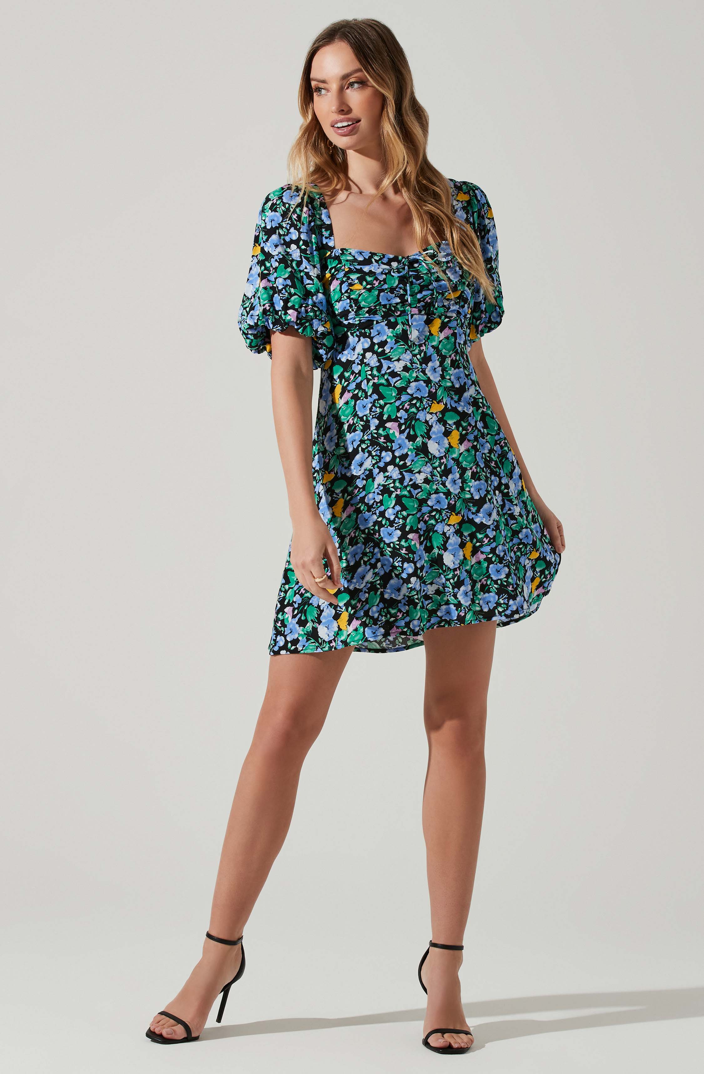 Floral Puff Sleeve Mini Dress-Aljck