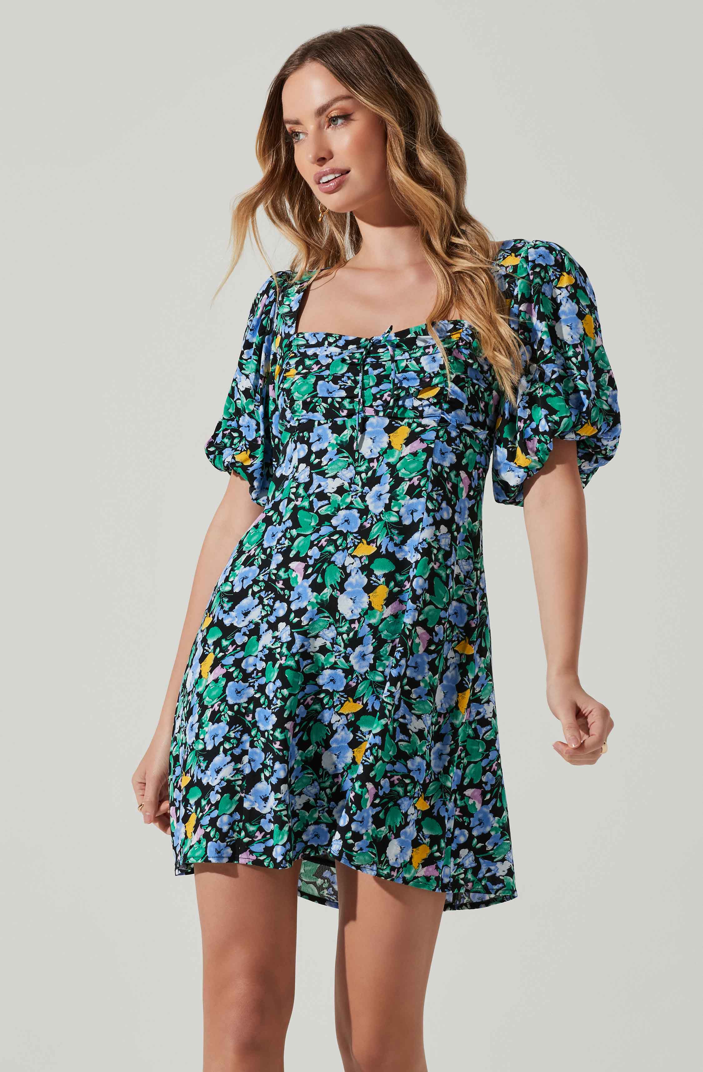 Floral Puff Sleeve Mini Dress-Aljck