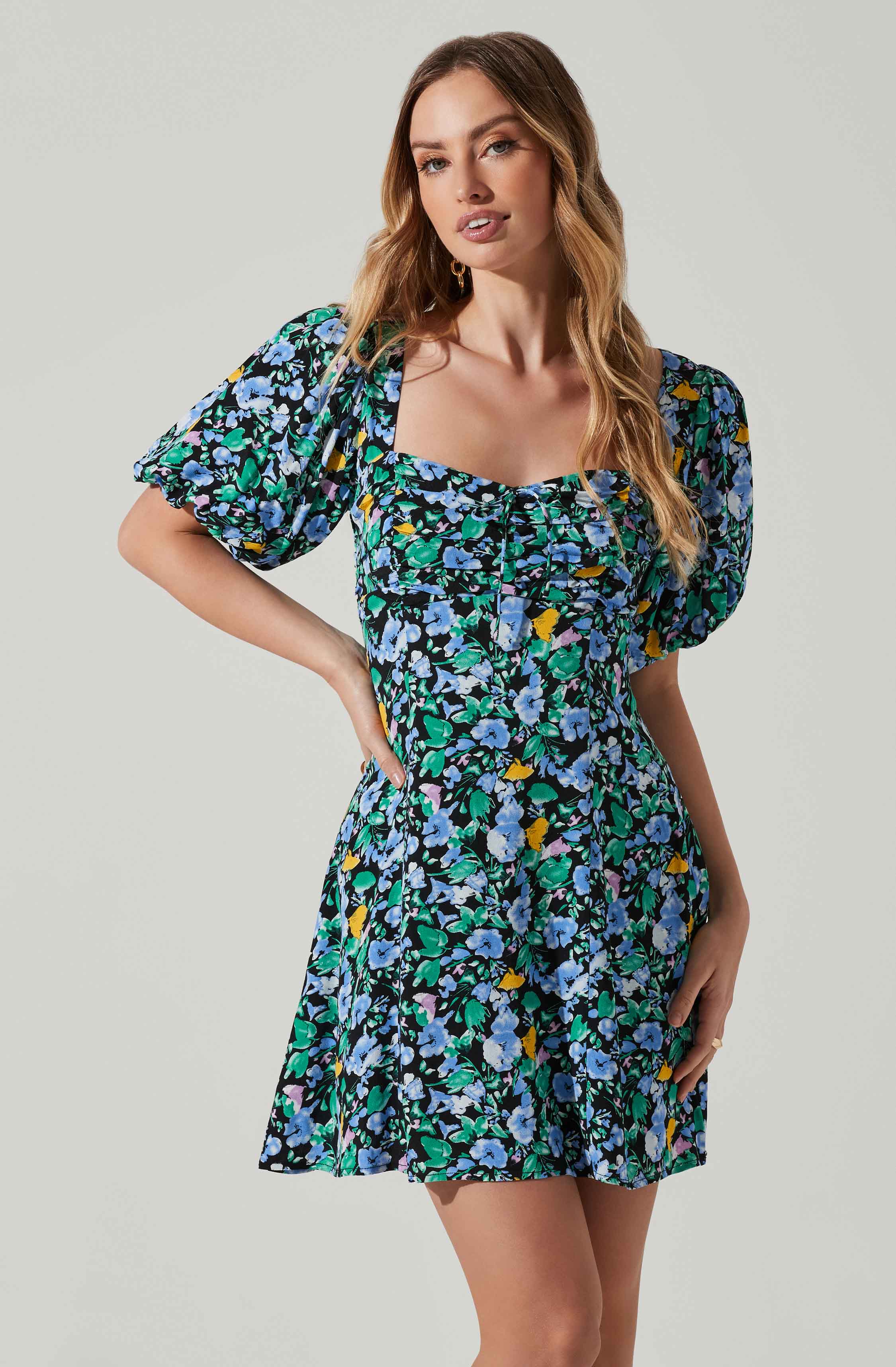 Floral Puff Sleeve Mini Dress-Aljck