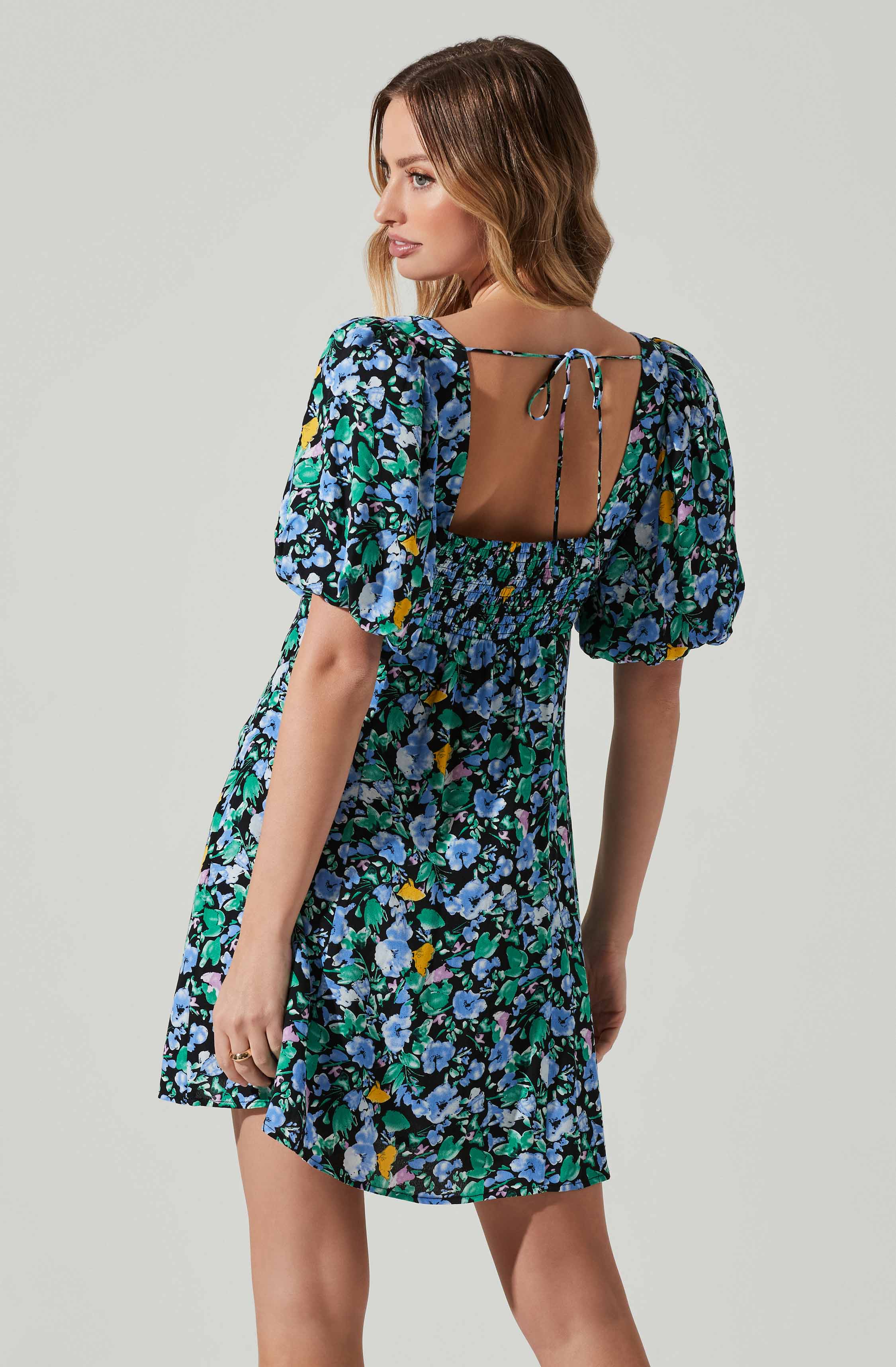 Floral Puff Sleeve Mini Dress-Aljck