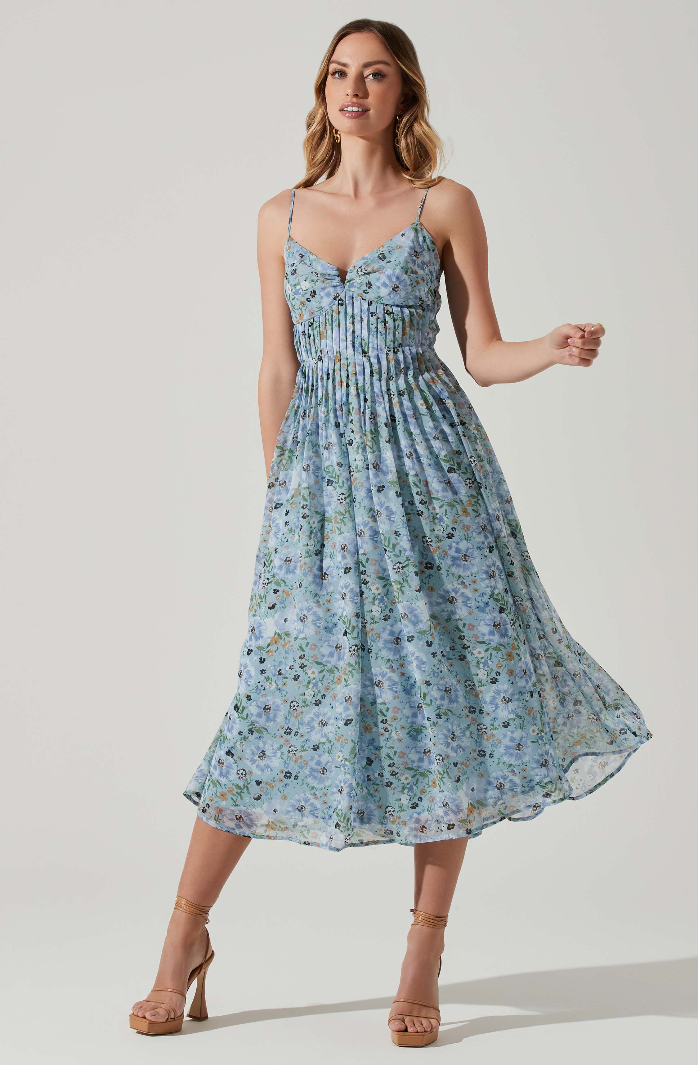 Floral Pleated Midi Dress-Aljck