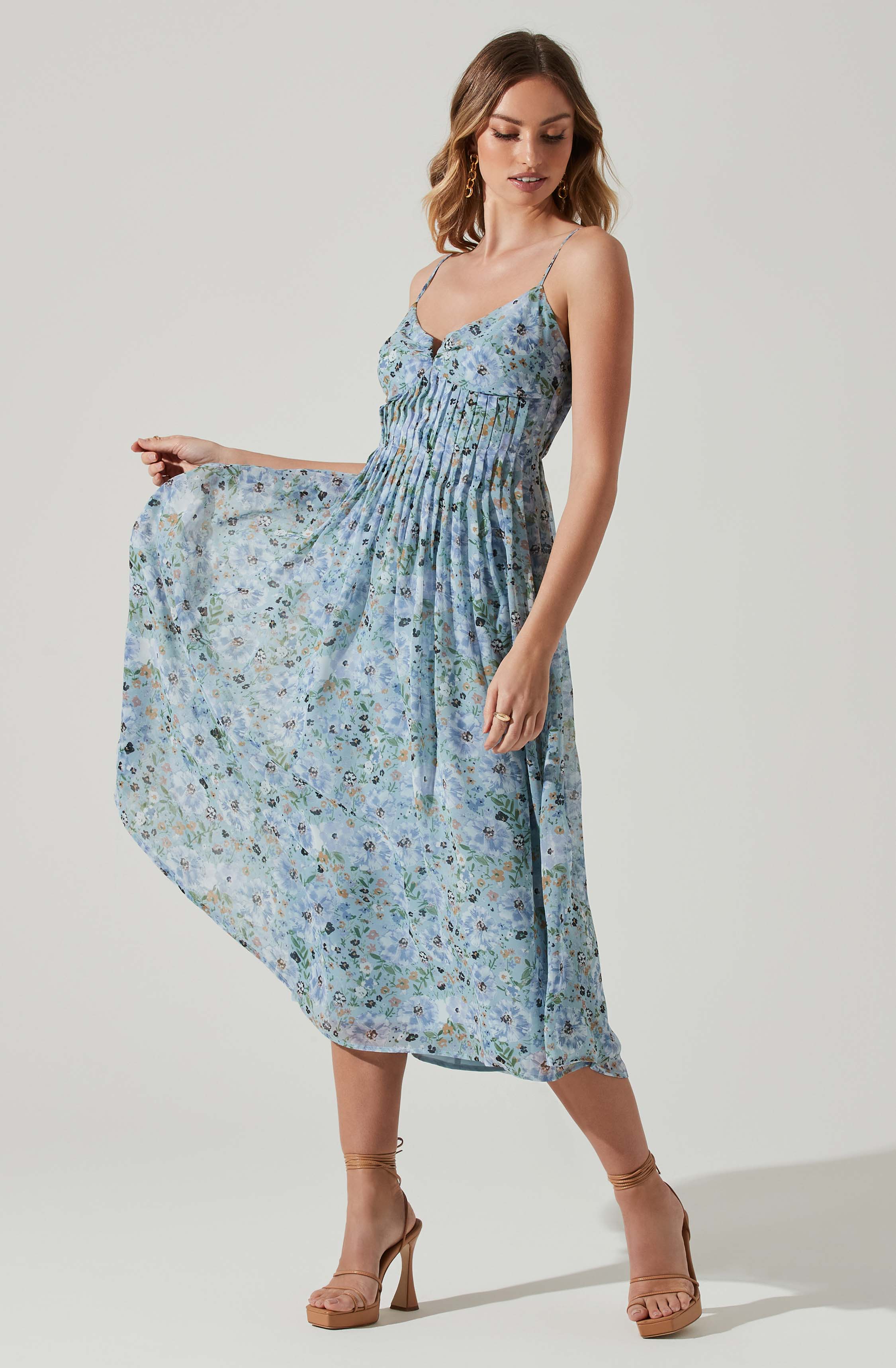Floral Pleated Midi Dress-Aljck