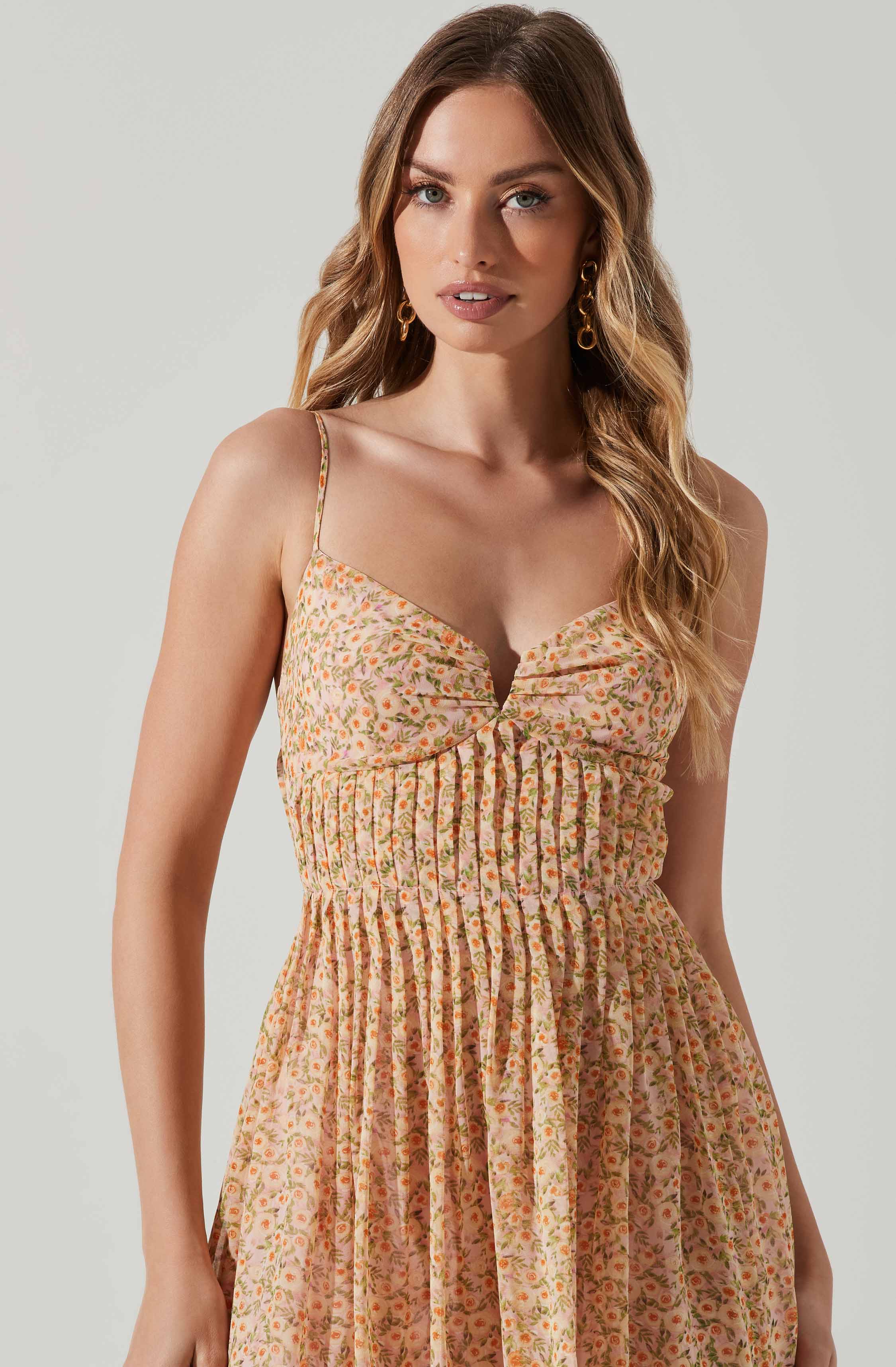 Floral Pleated Midi Dress-Aljck