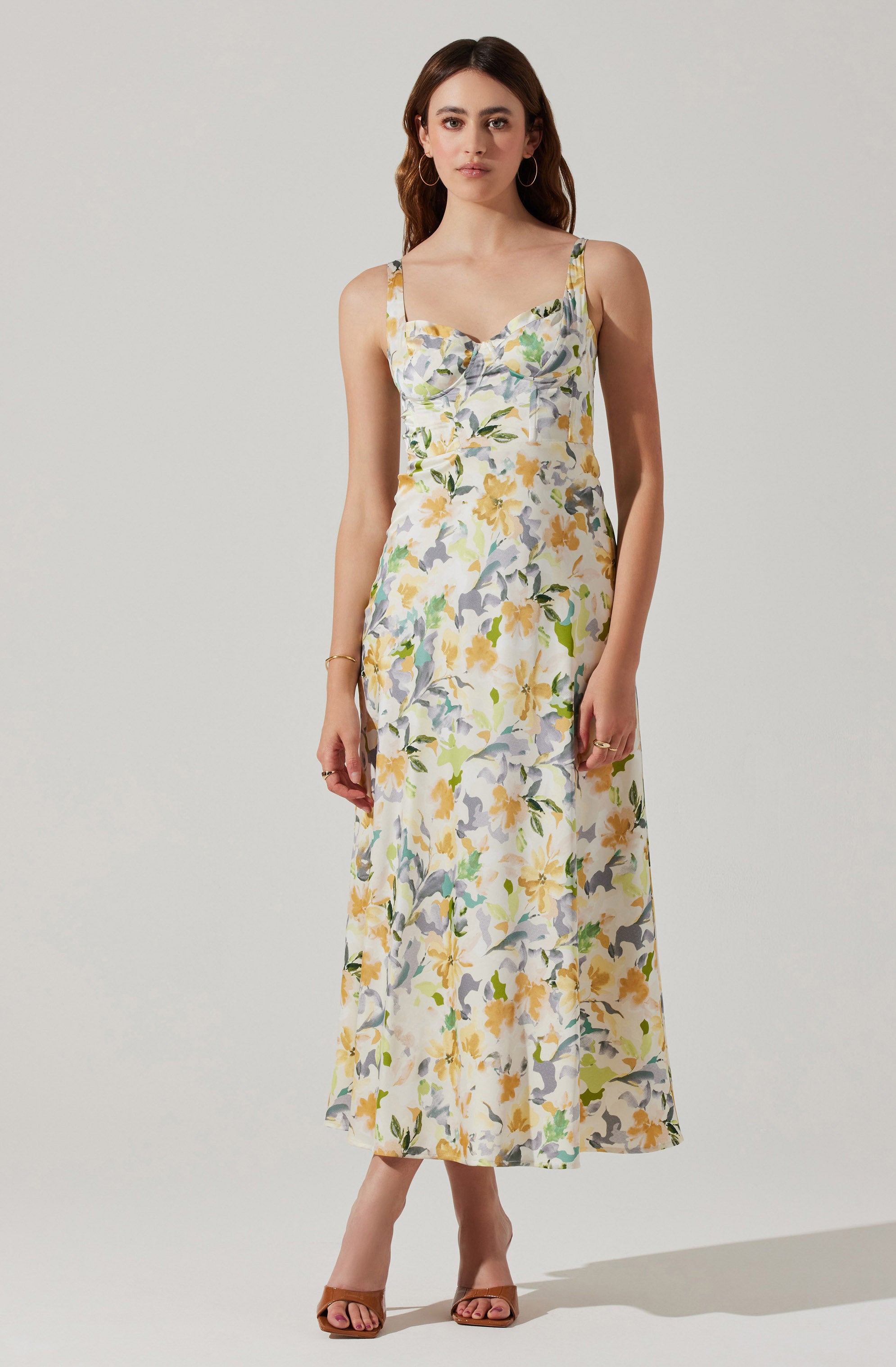 Satin Corset Floral Maxi Dress-Aljck