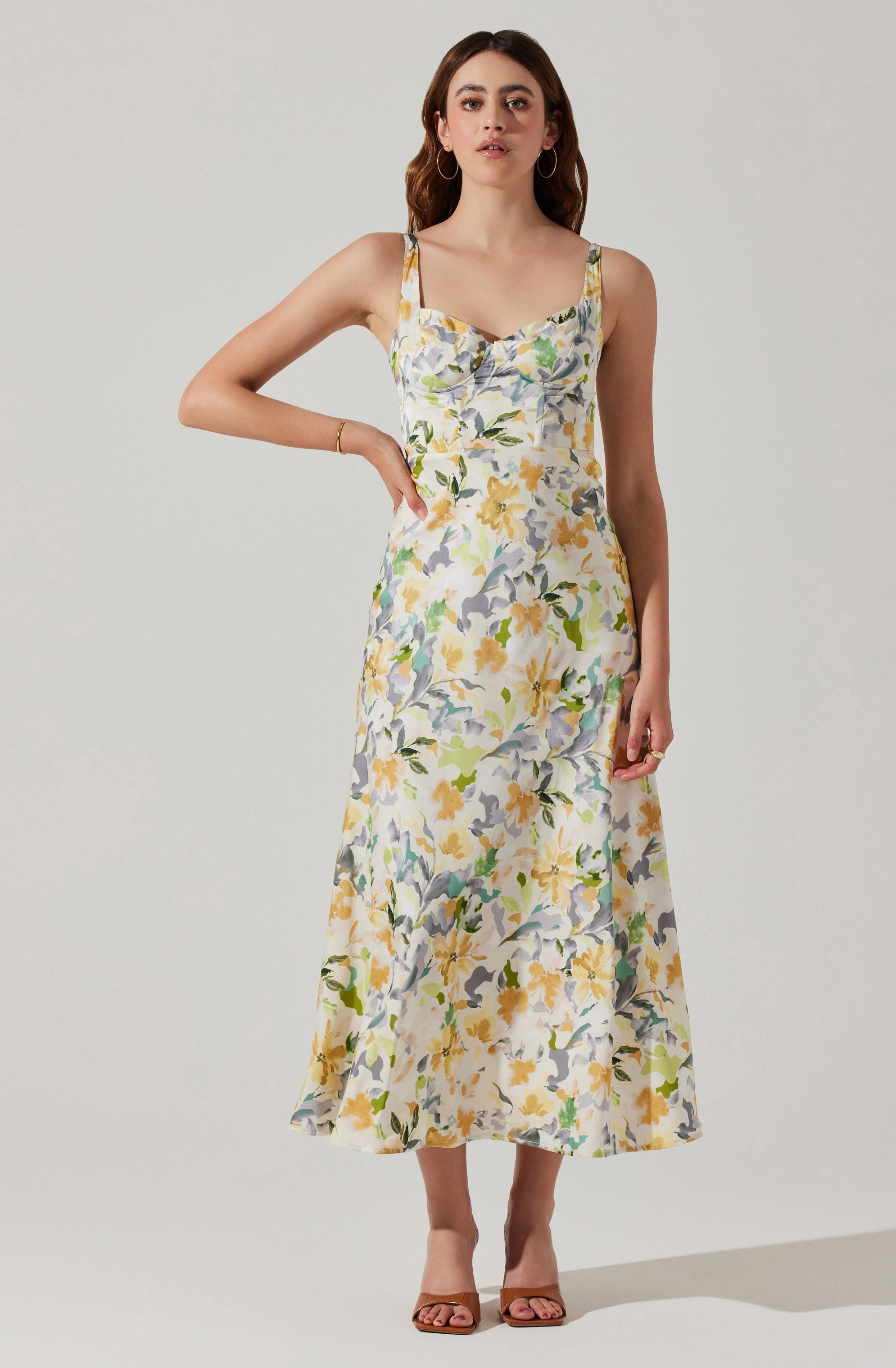 Satin Corset Floral Maxi Dress-Aljck