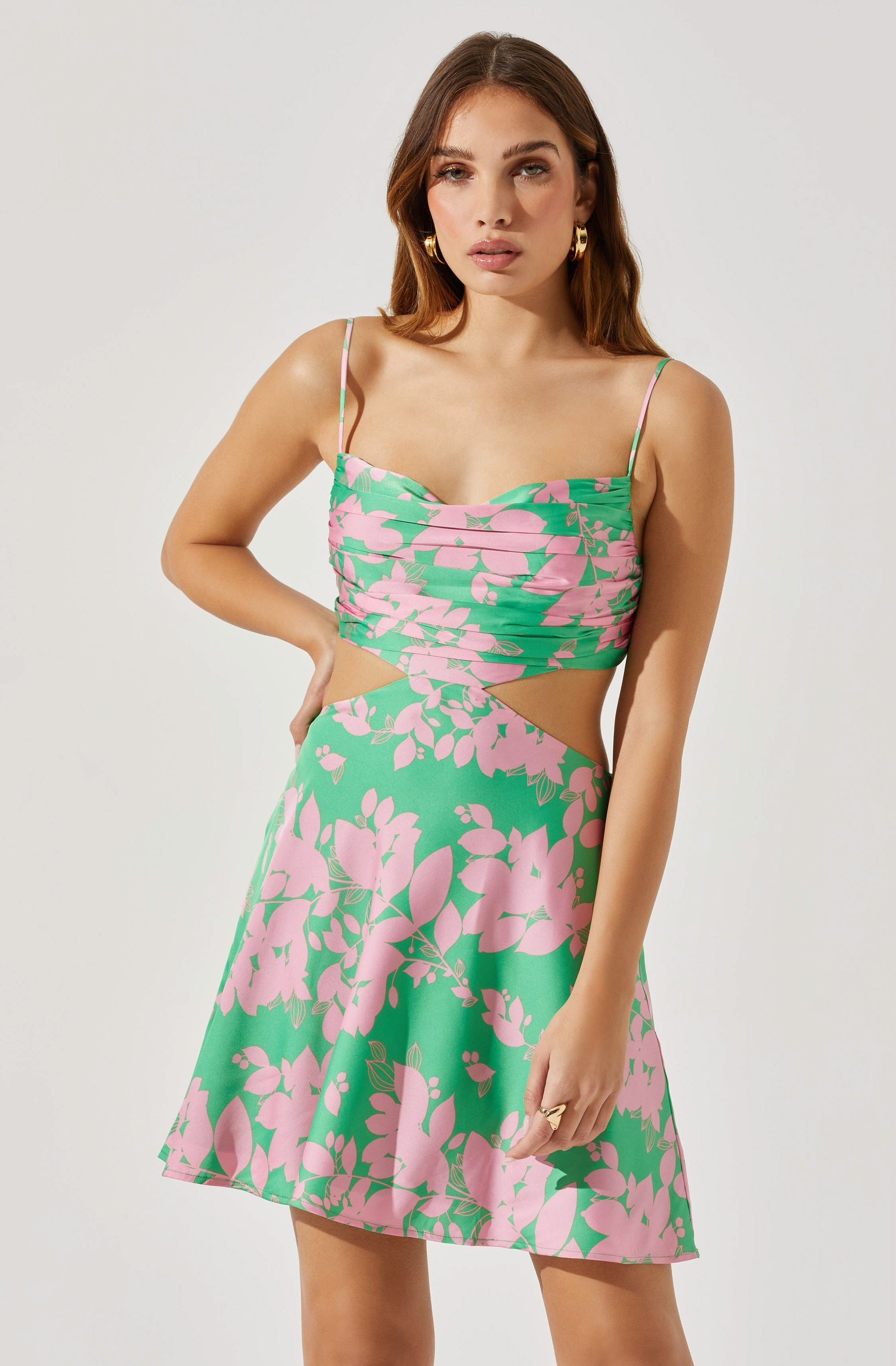 Ruched Cowl Cutout Satin Mini Dress-Aljck