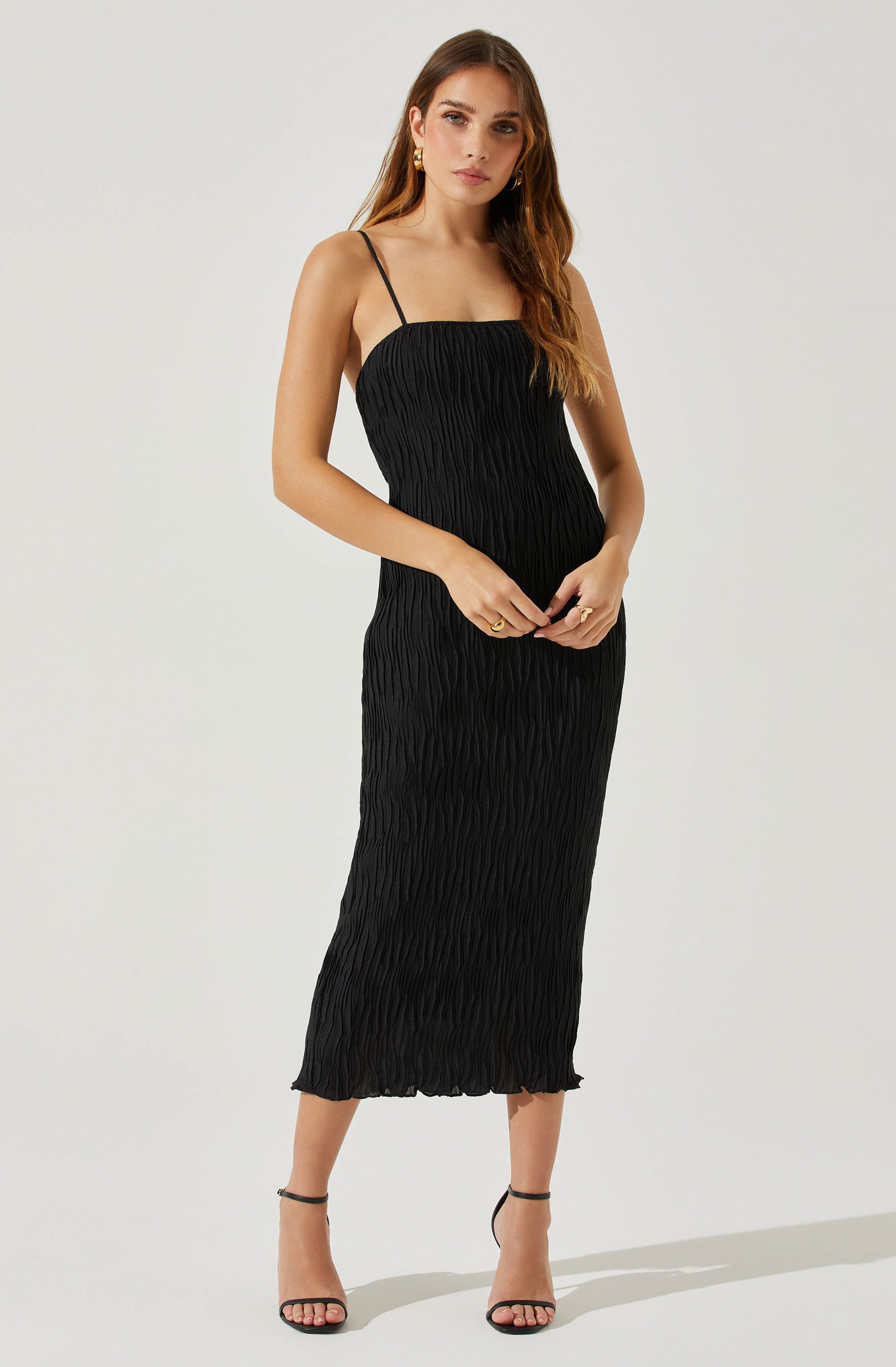 Open Back Plisse Midi Dress-Aljck