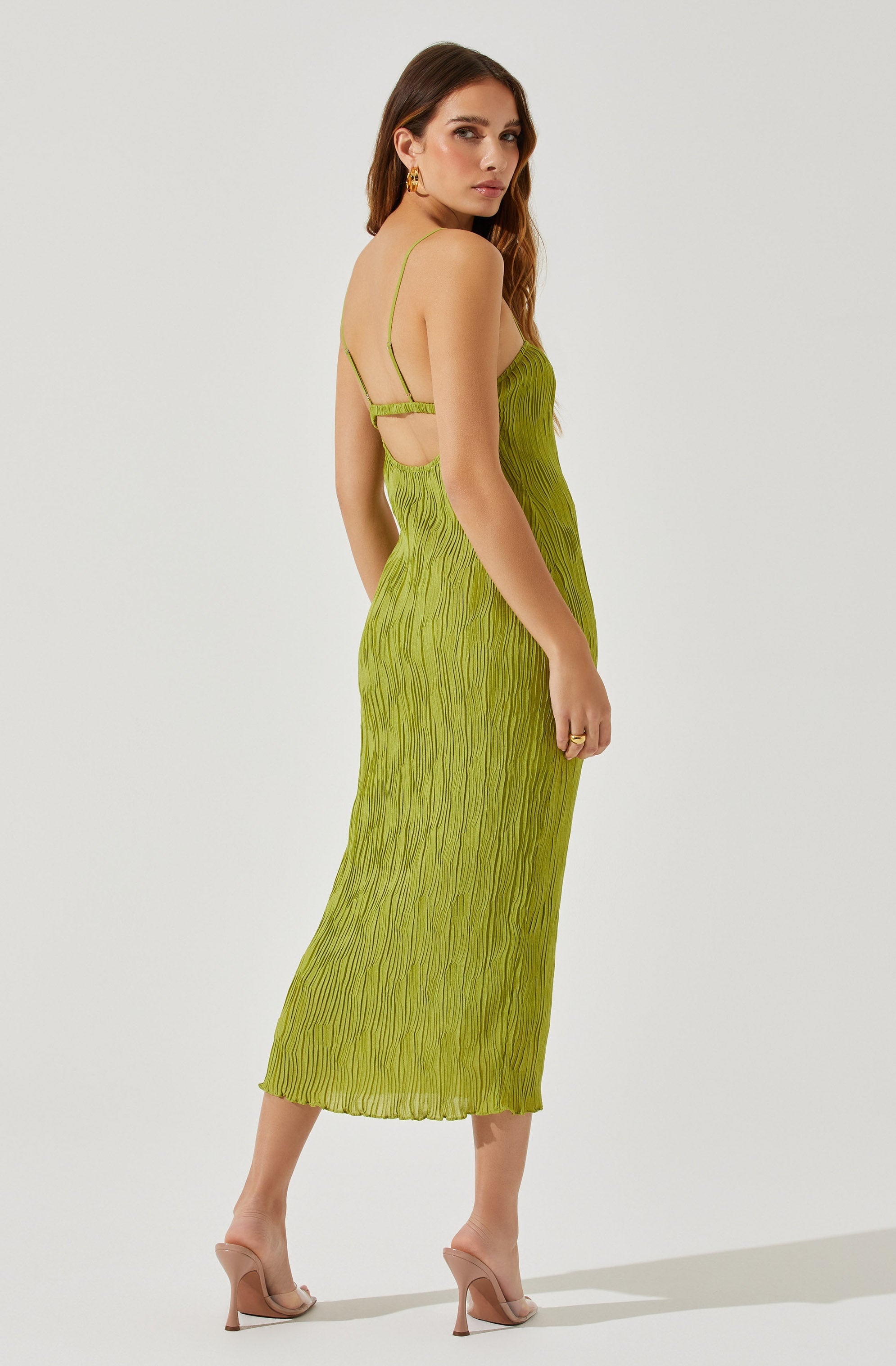 Open Back Plisse Midi Dress-Aljck