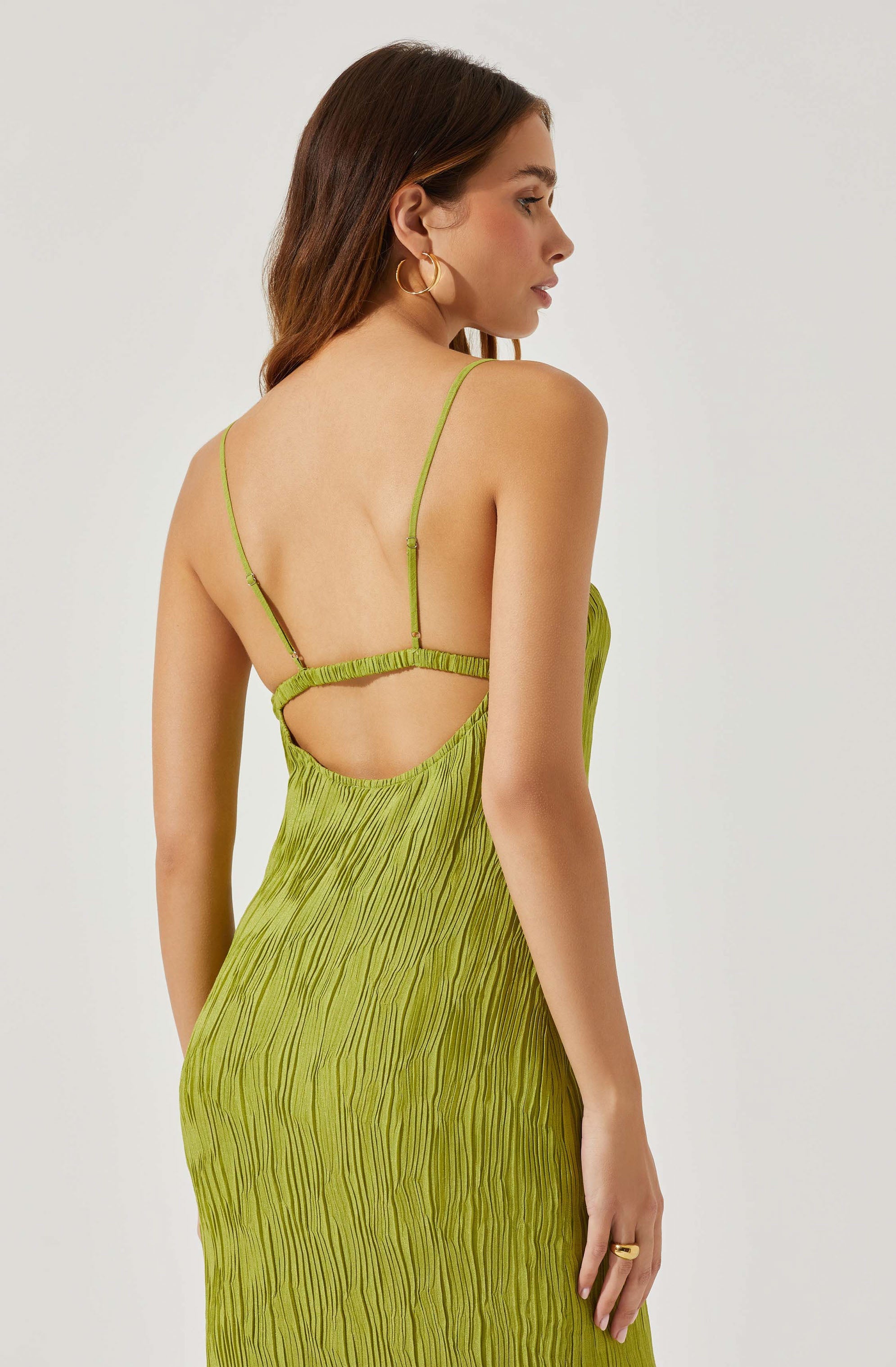 Open Back Plisse Midi Dress-Aljck