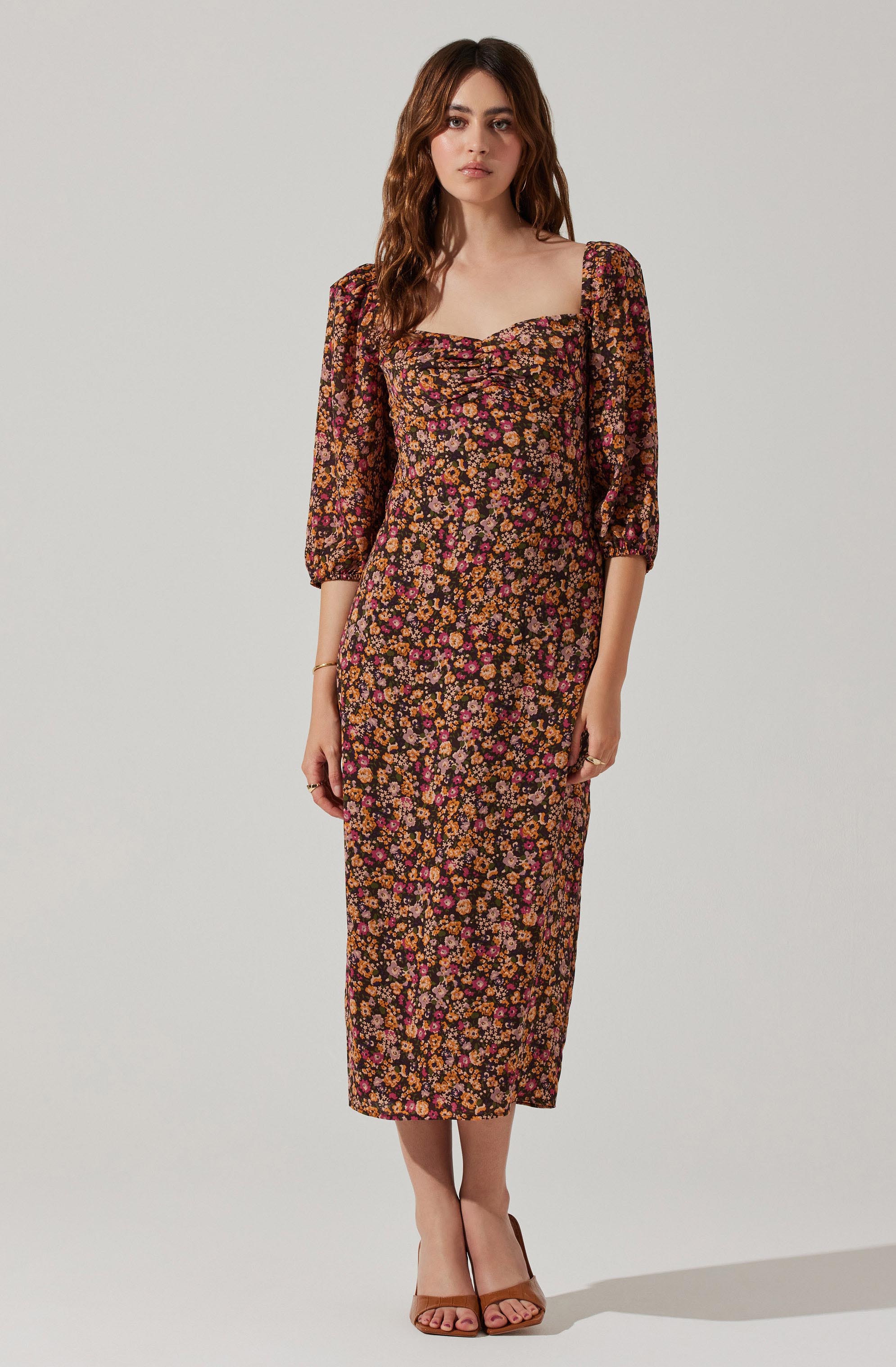 Sweetheart Neck Floral Midi Dress-Aljck