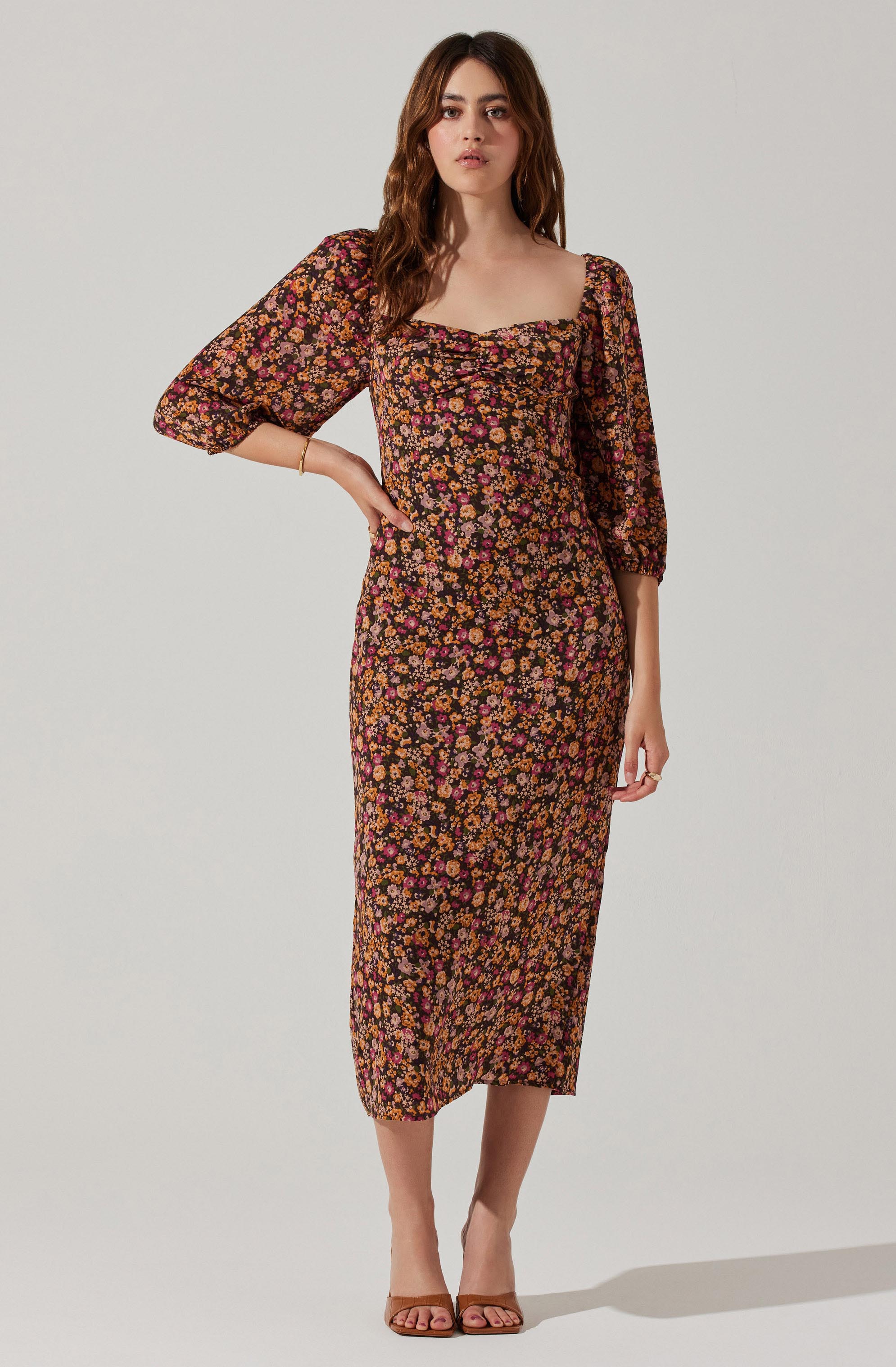 Sweetheart Neck Floral Midi Dress-Aljck