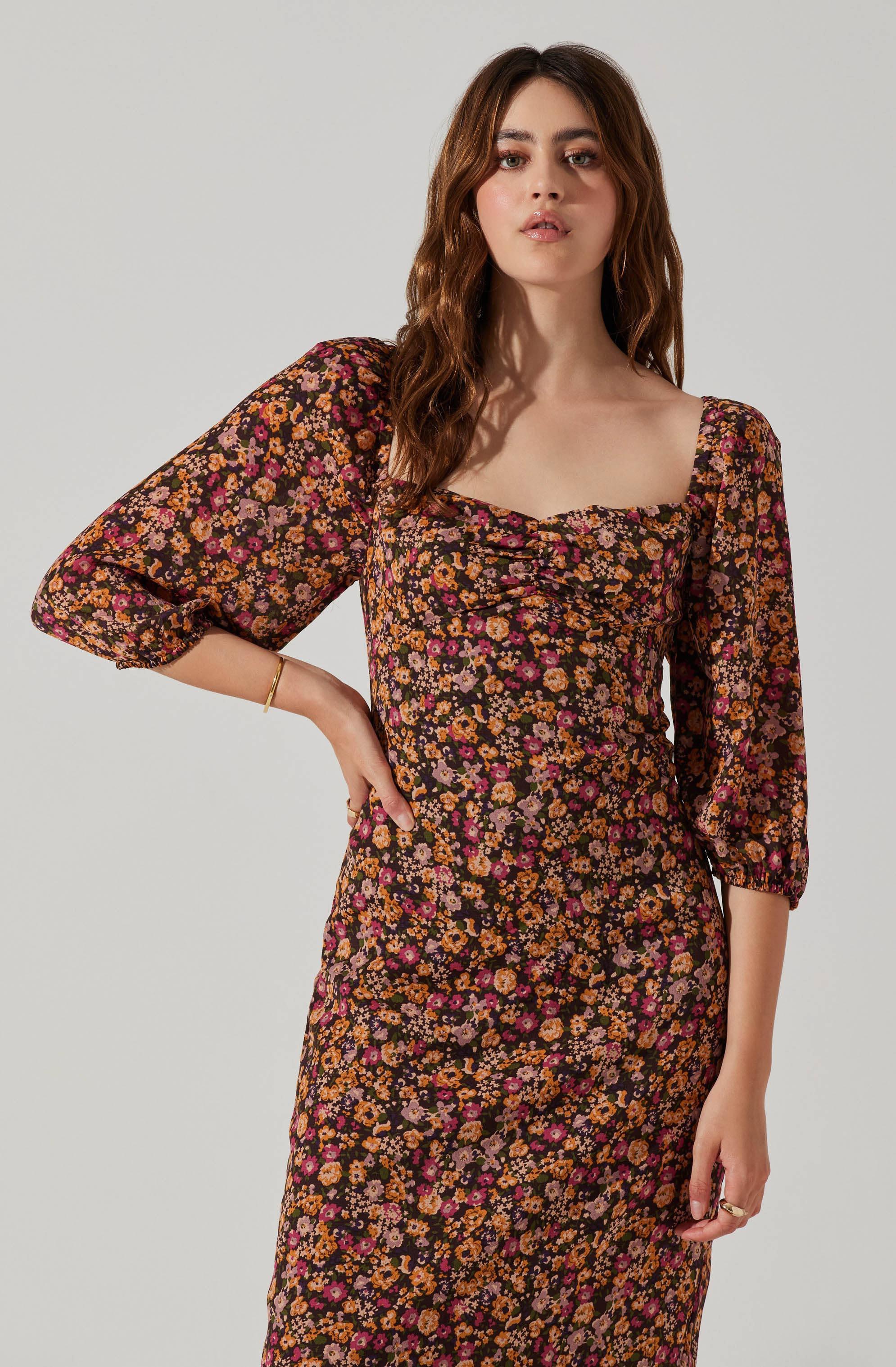 Sweetheart Neck Floral Midi Dress-Aljck
