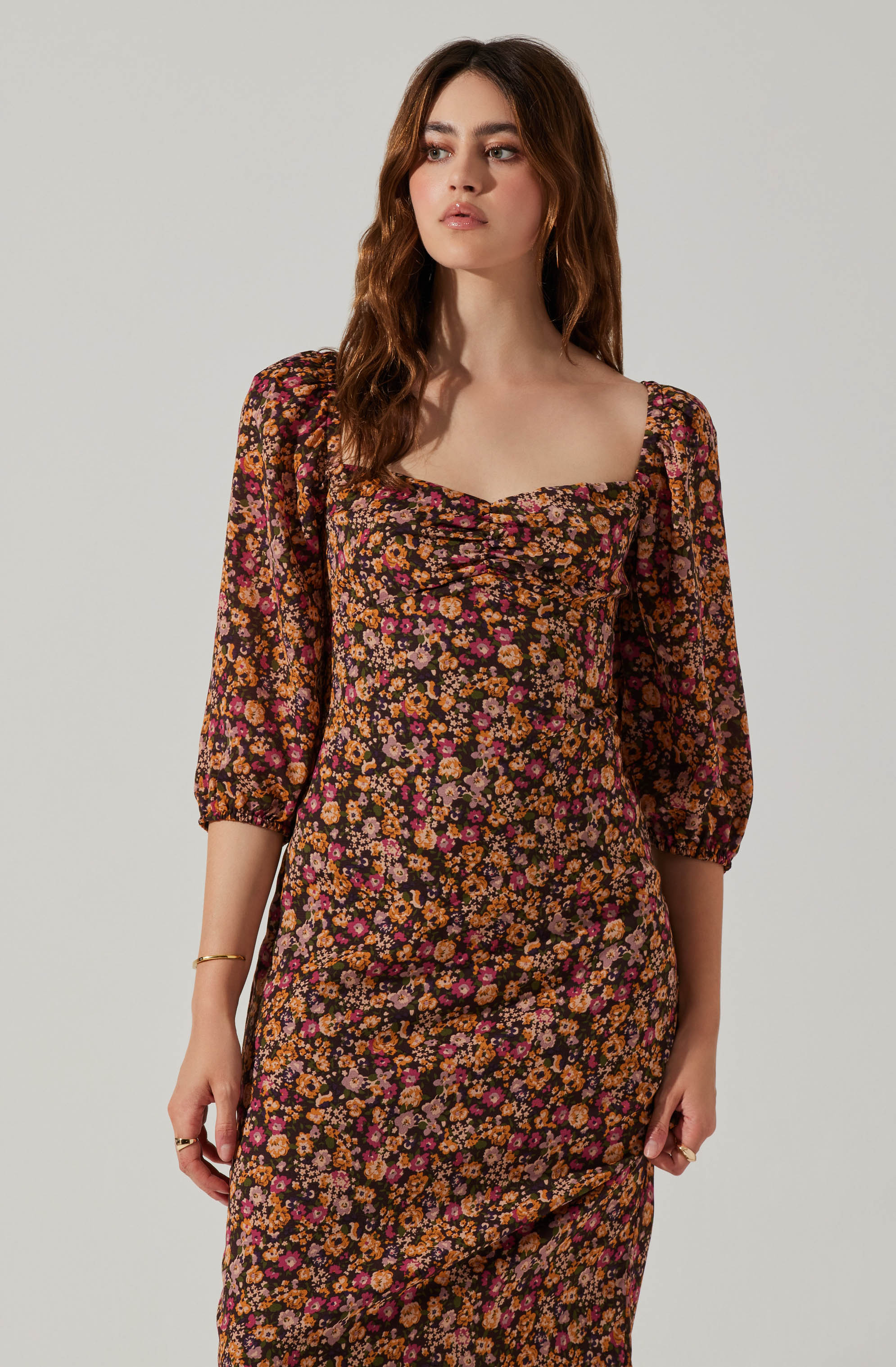 Sweetheart Neck Floral Midi Dress-Aljck