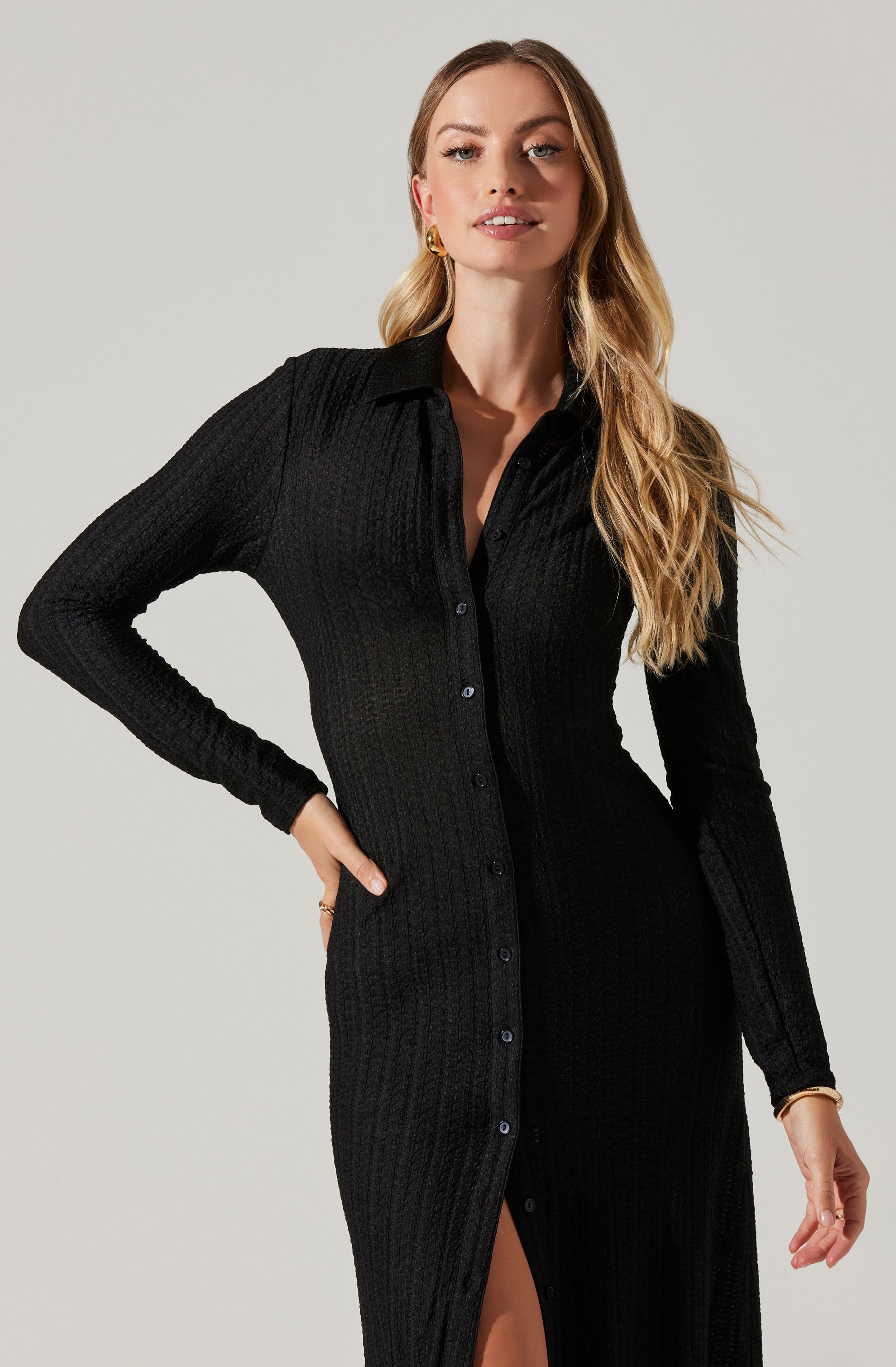 Collared Long Sleeve Midi Dress-Aljck