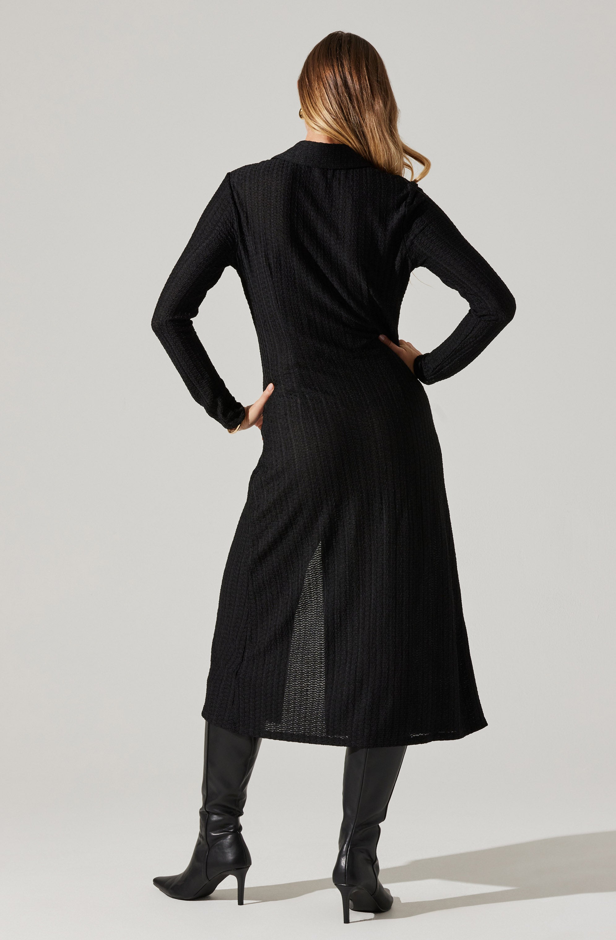 Collared Long Sleeve Midi Dress-Aljck