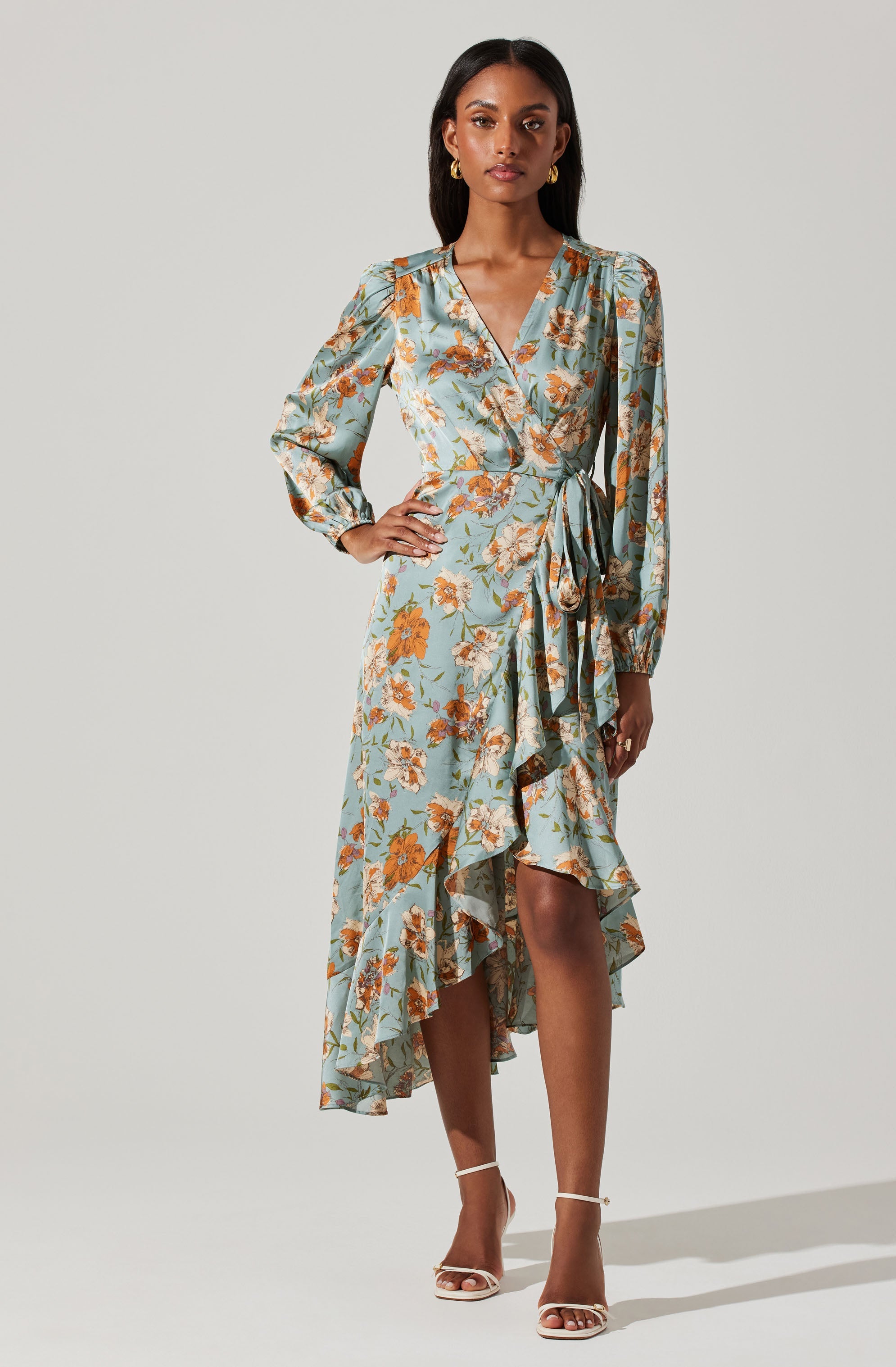 Floral Satin Wrap Long Sleeve Midi Dress-Aljck