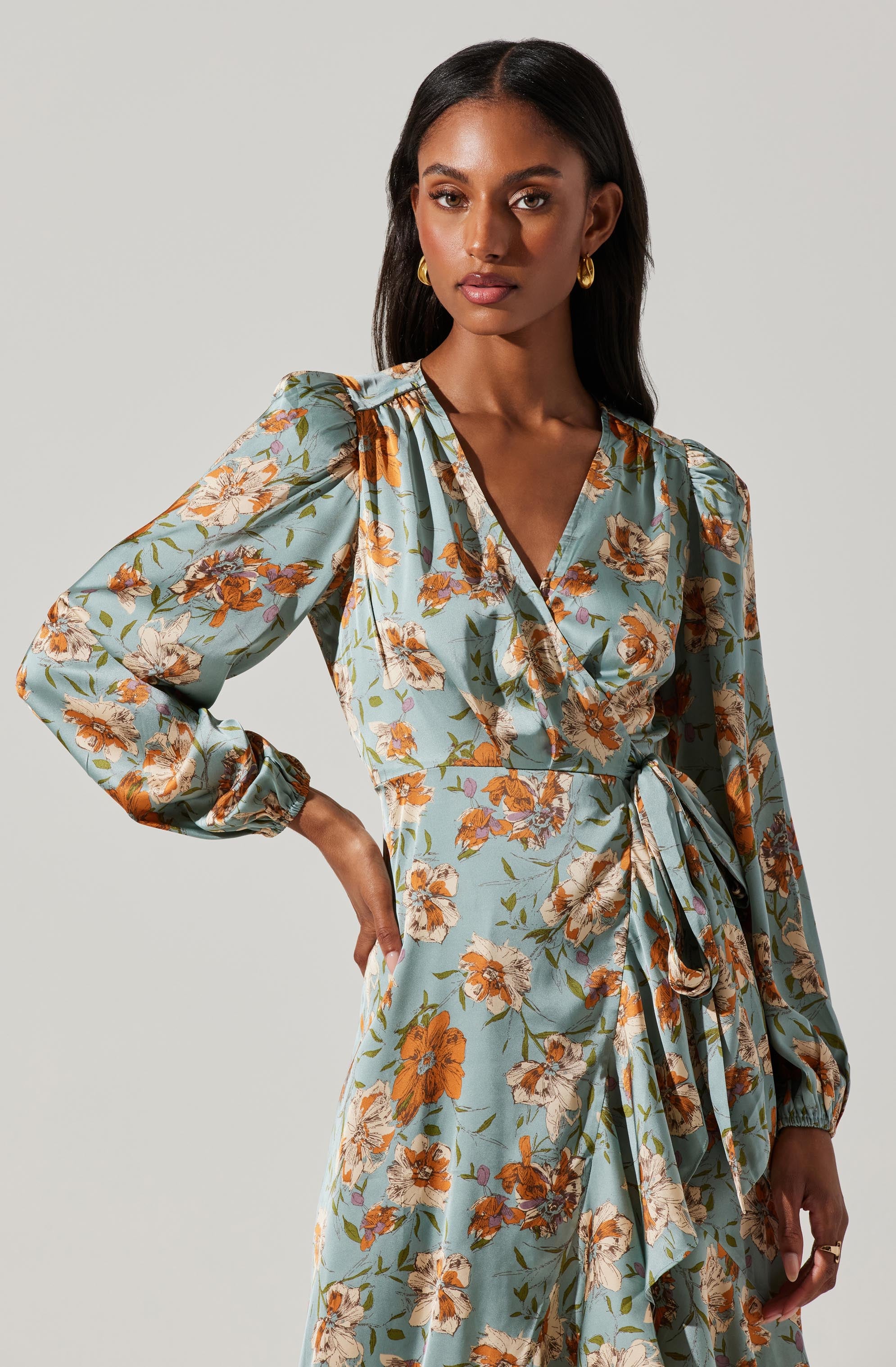Floral Satin Wrap Long Sleeve Midi Dress-Aljck
