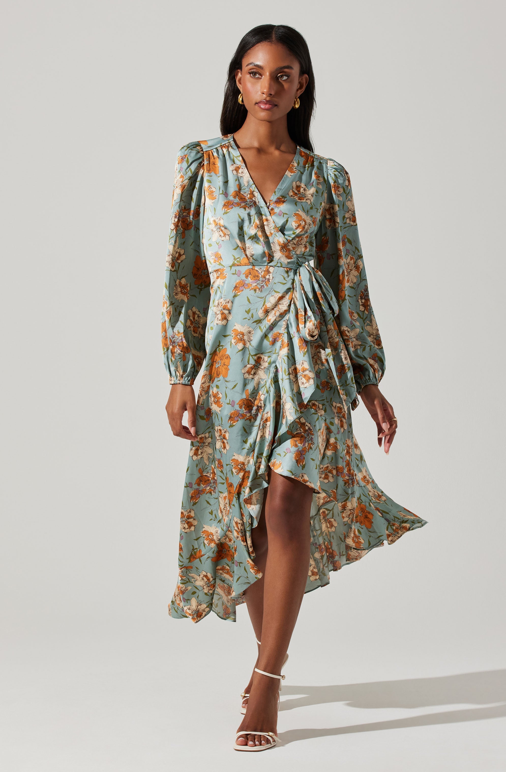 Floral Satin Wrap Long Sleeve Midi Dress-Aljck