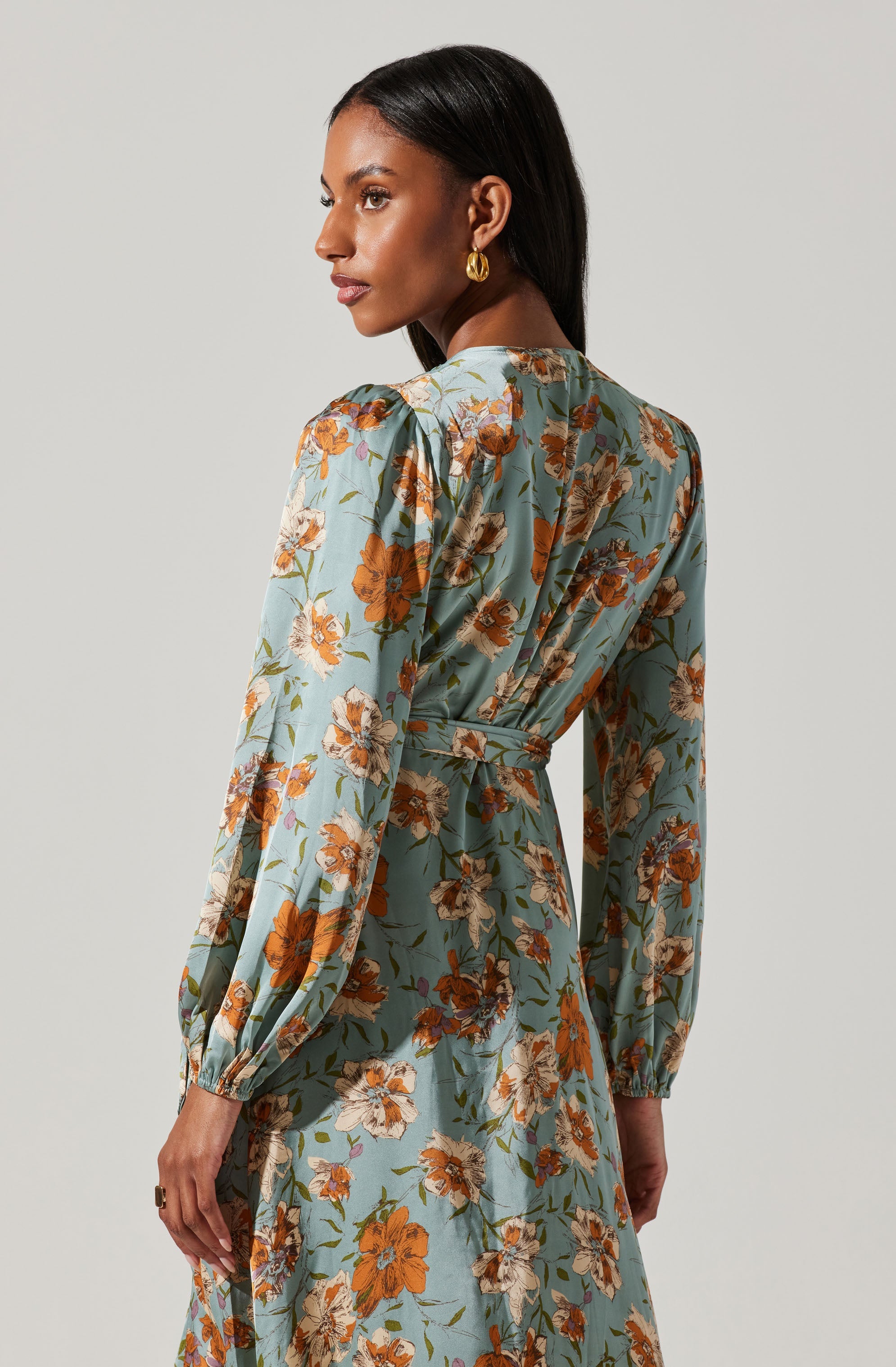 Floral Satin Wrap Long Sleeve Midi Dress-Aljck