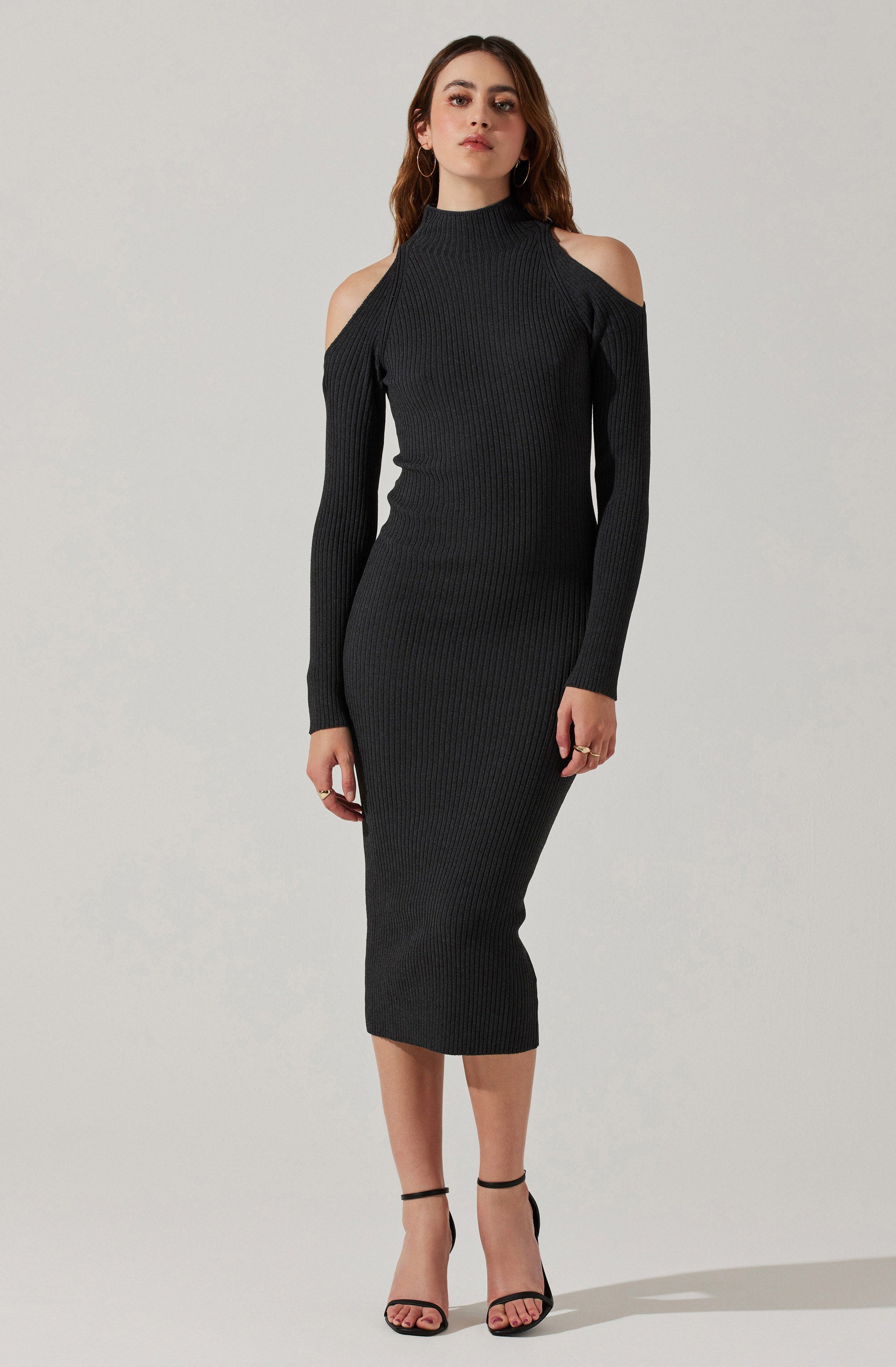 Cold Shoulder Mock Neck Midi Sweater Dress-Aljck