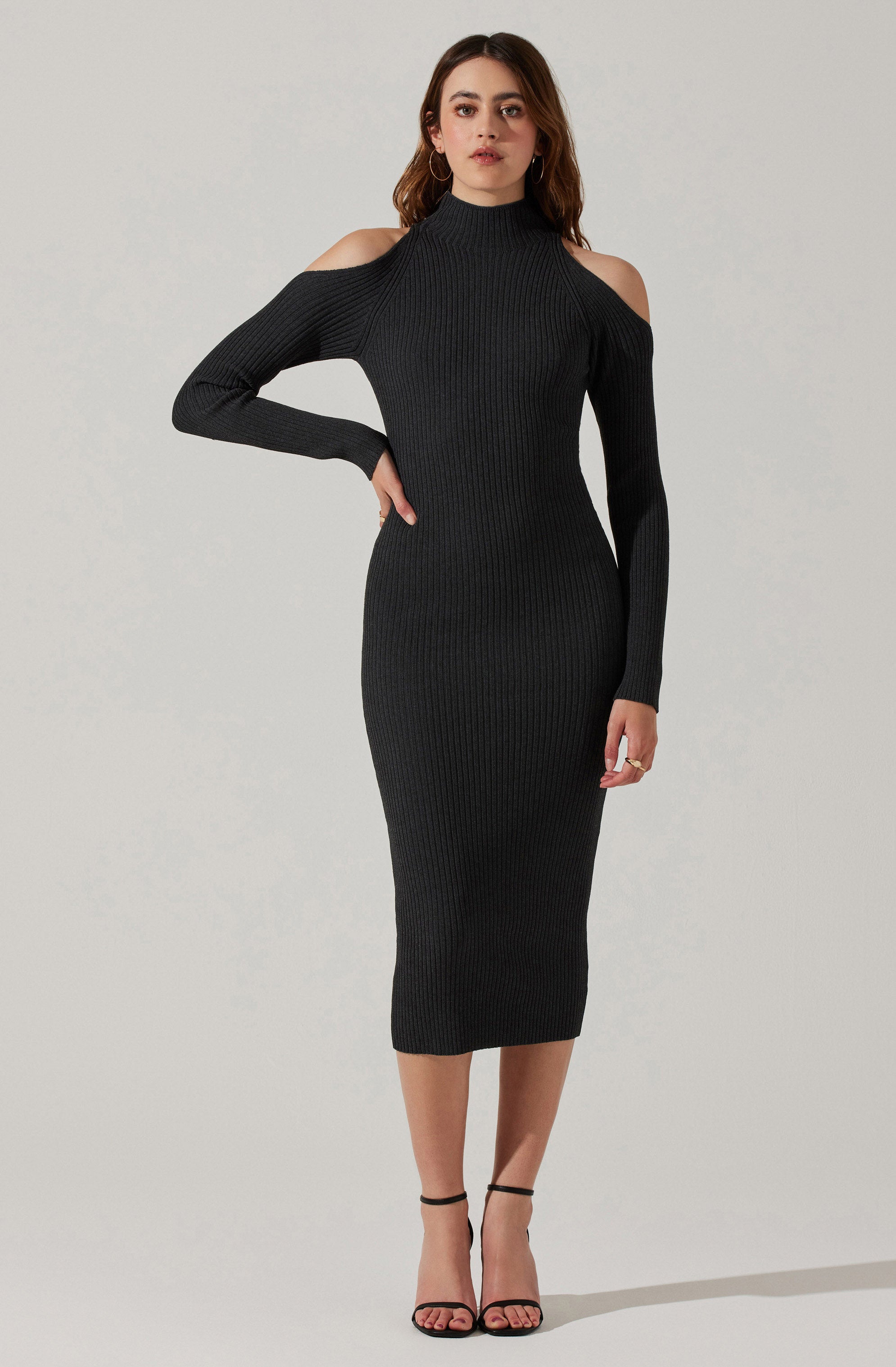 Cold Shoulder Mock Neck Midi Sweater Dress-Aljck