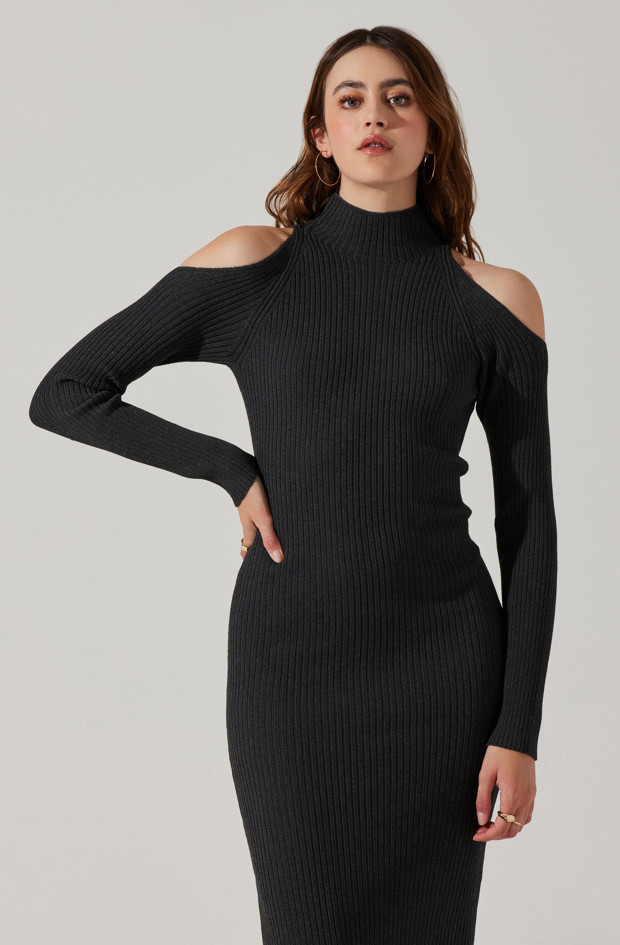 Cold Shoulder Mock Neck Midi Sweater Dress-Aljck