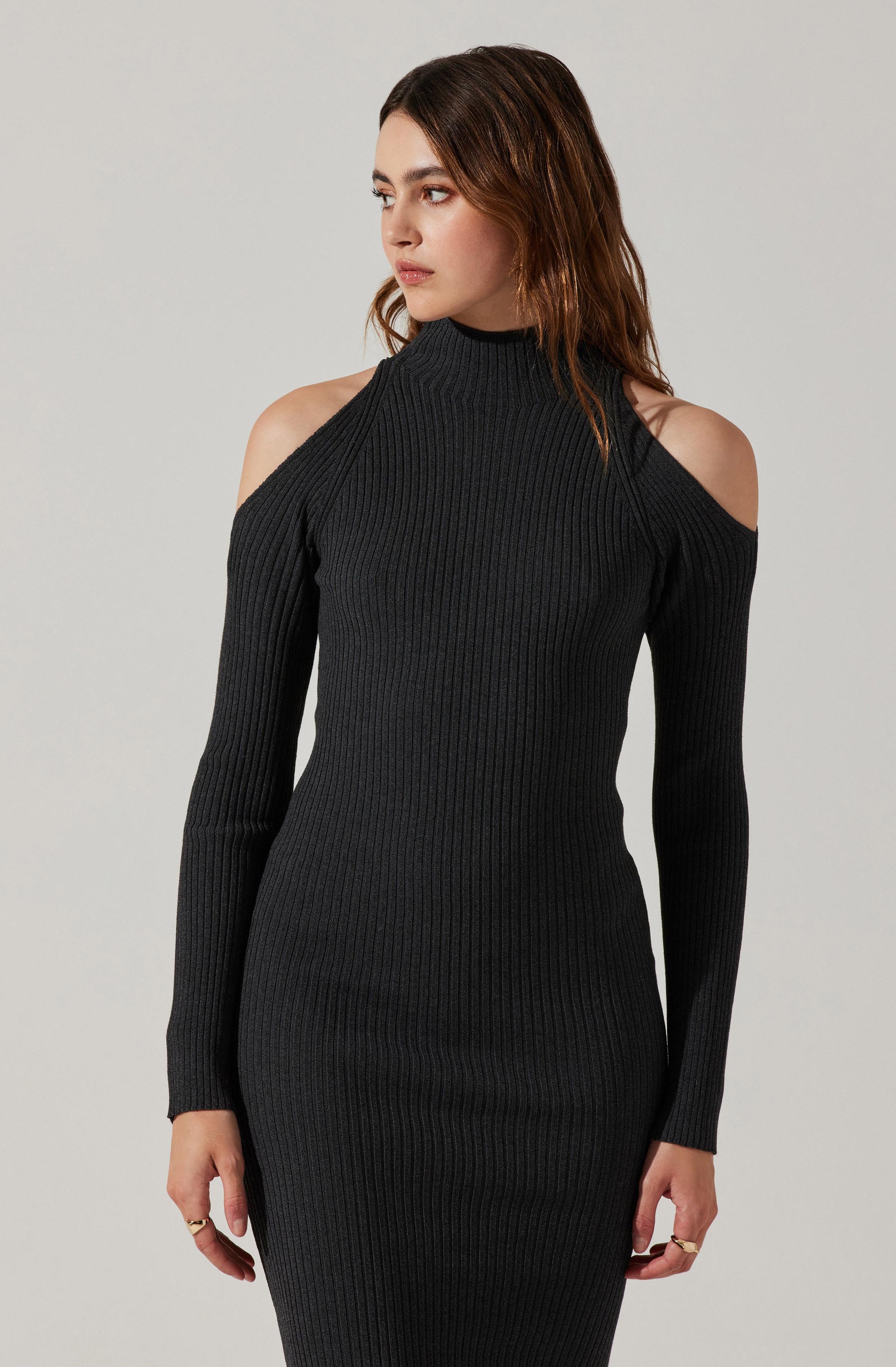 Cold Shoulder Mock Neck Midi Sweater Dress-Aljck