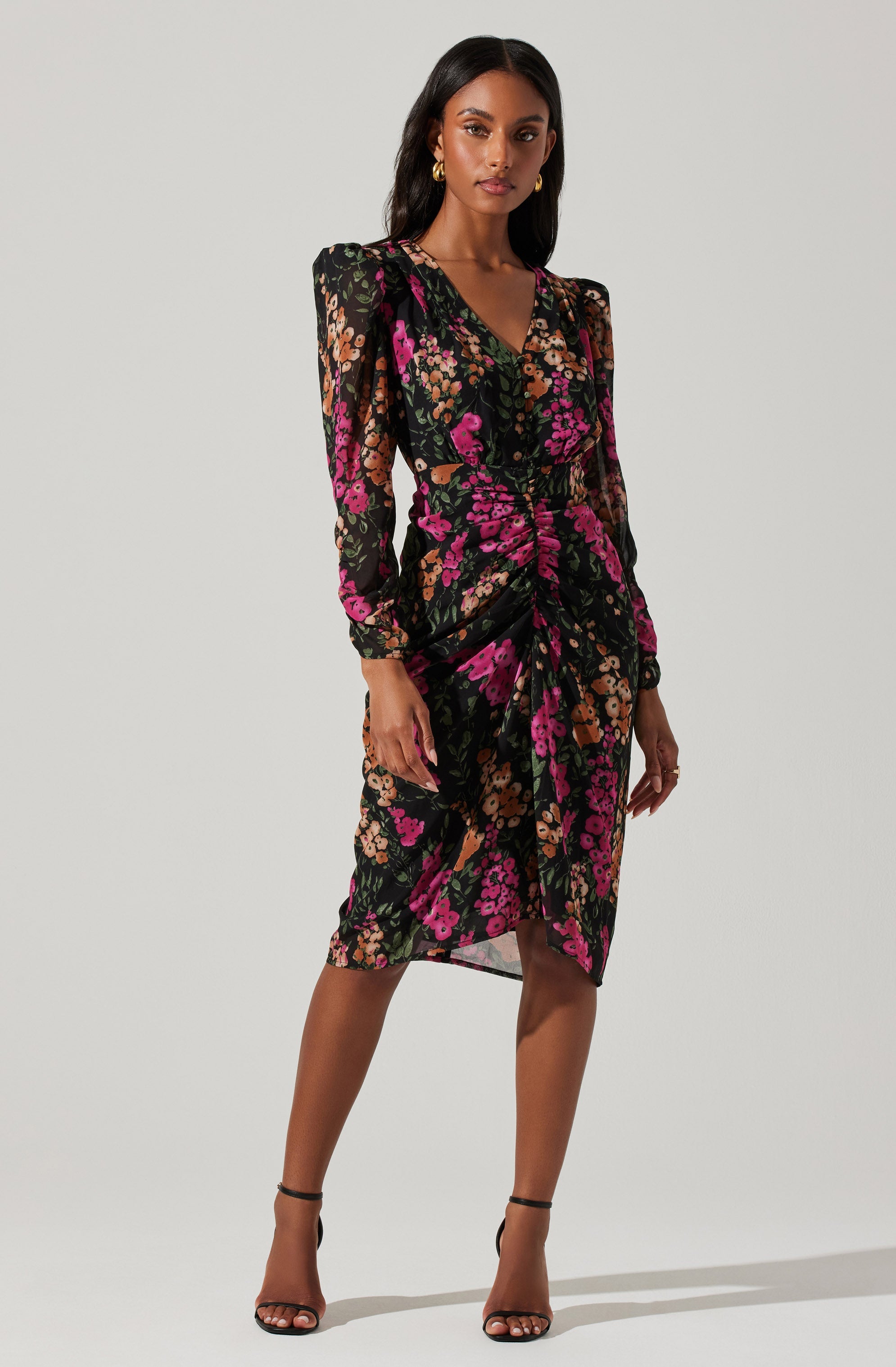 Floral Plunge Ruched Long Sleeve Midi Dress-Aljck