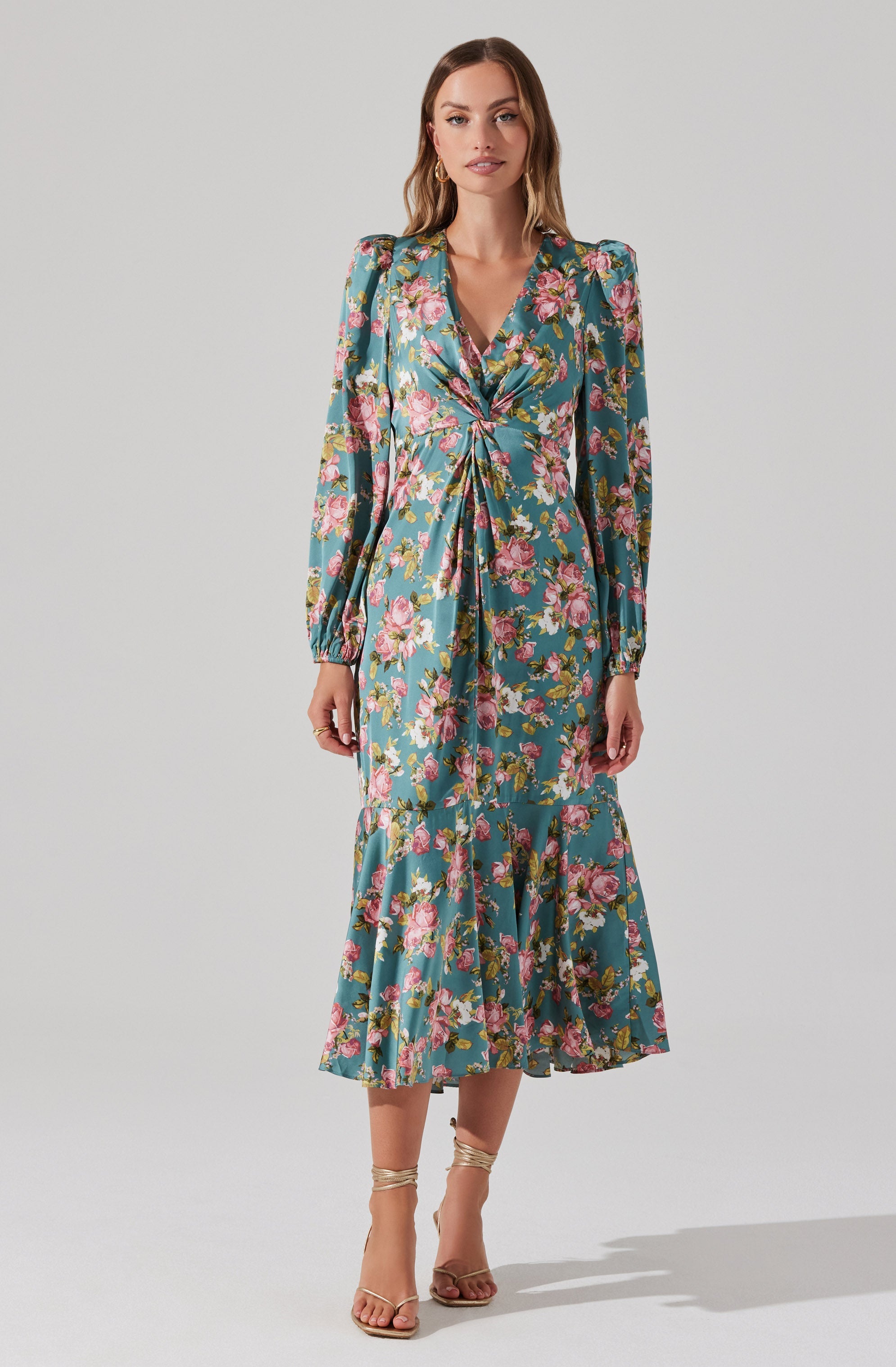 Satin Floral Twist V-Neck Midi Dress-Aljck