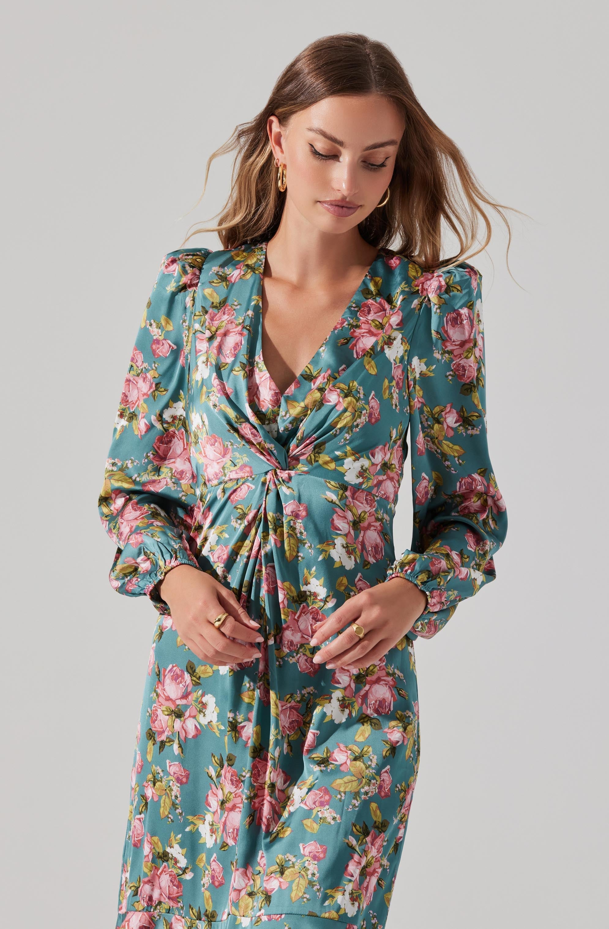 Satin Floral Twist V-Neck Midi Dress-Aljck
