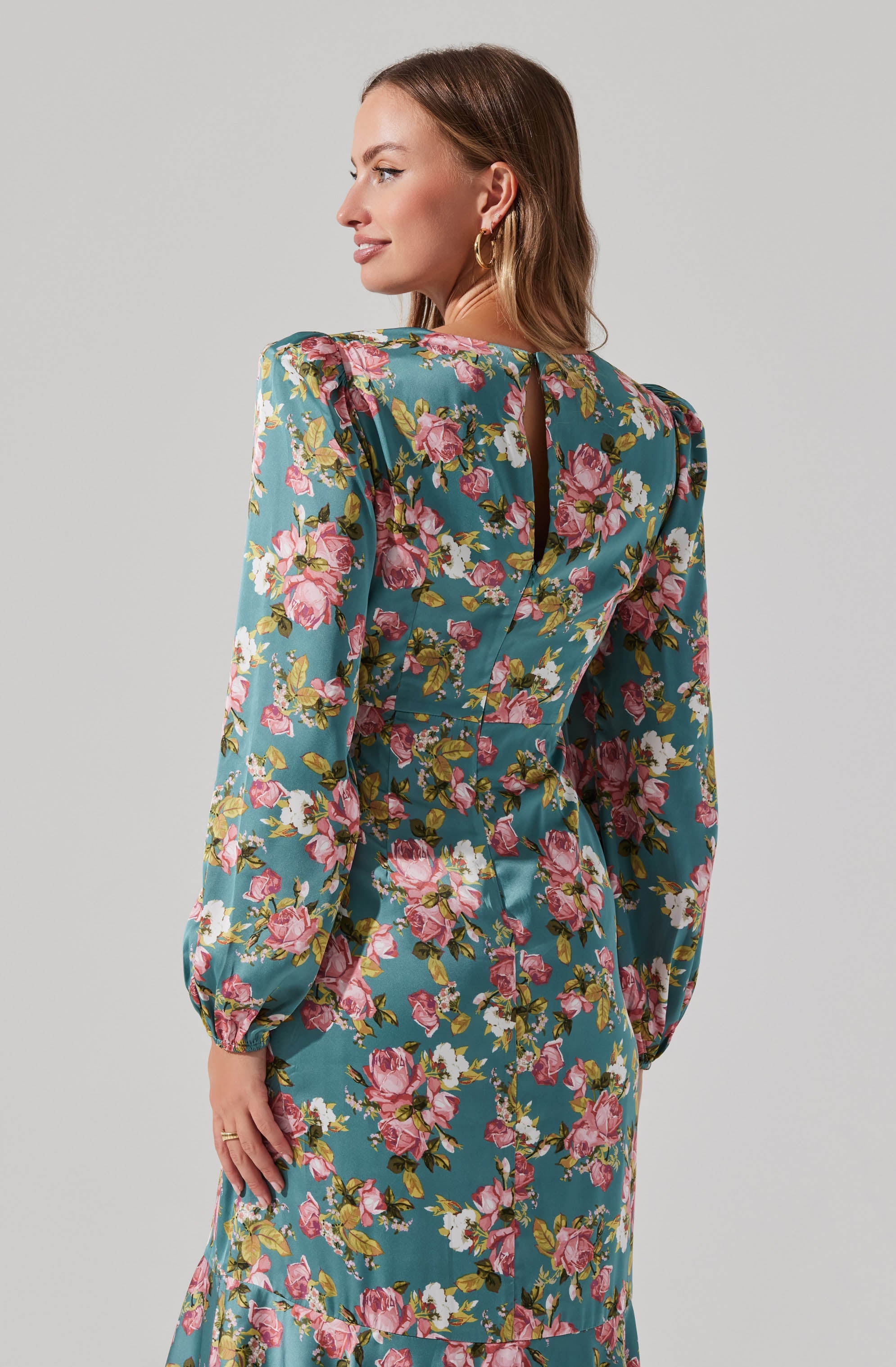 Satin Floral Twist V-Neck Midi Dress-Aljck