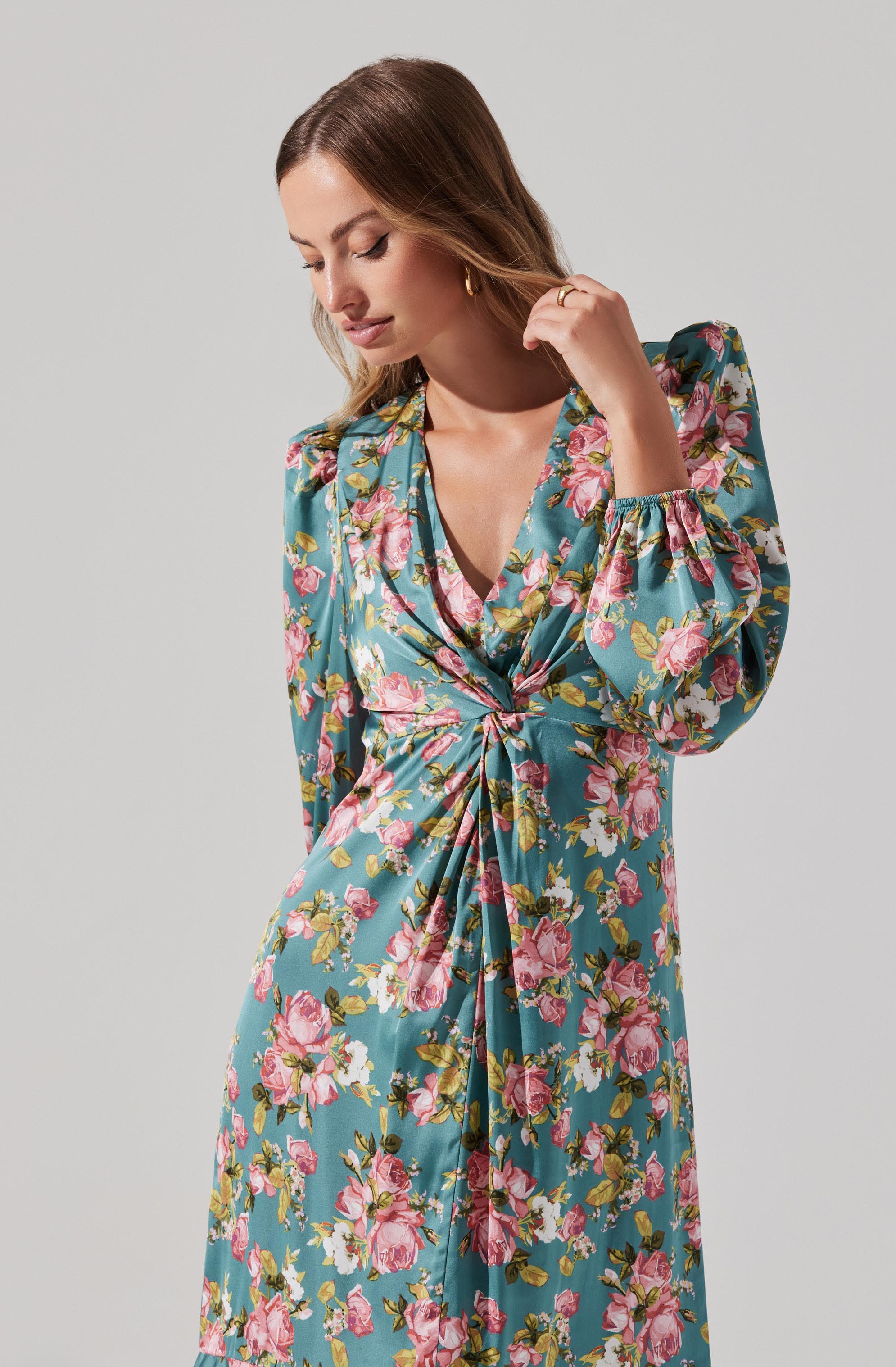 Satin Floral Twist V-Neck Midi Dress-Aljck