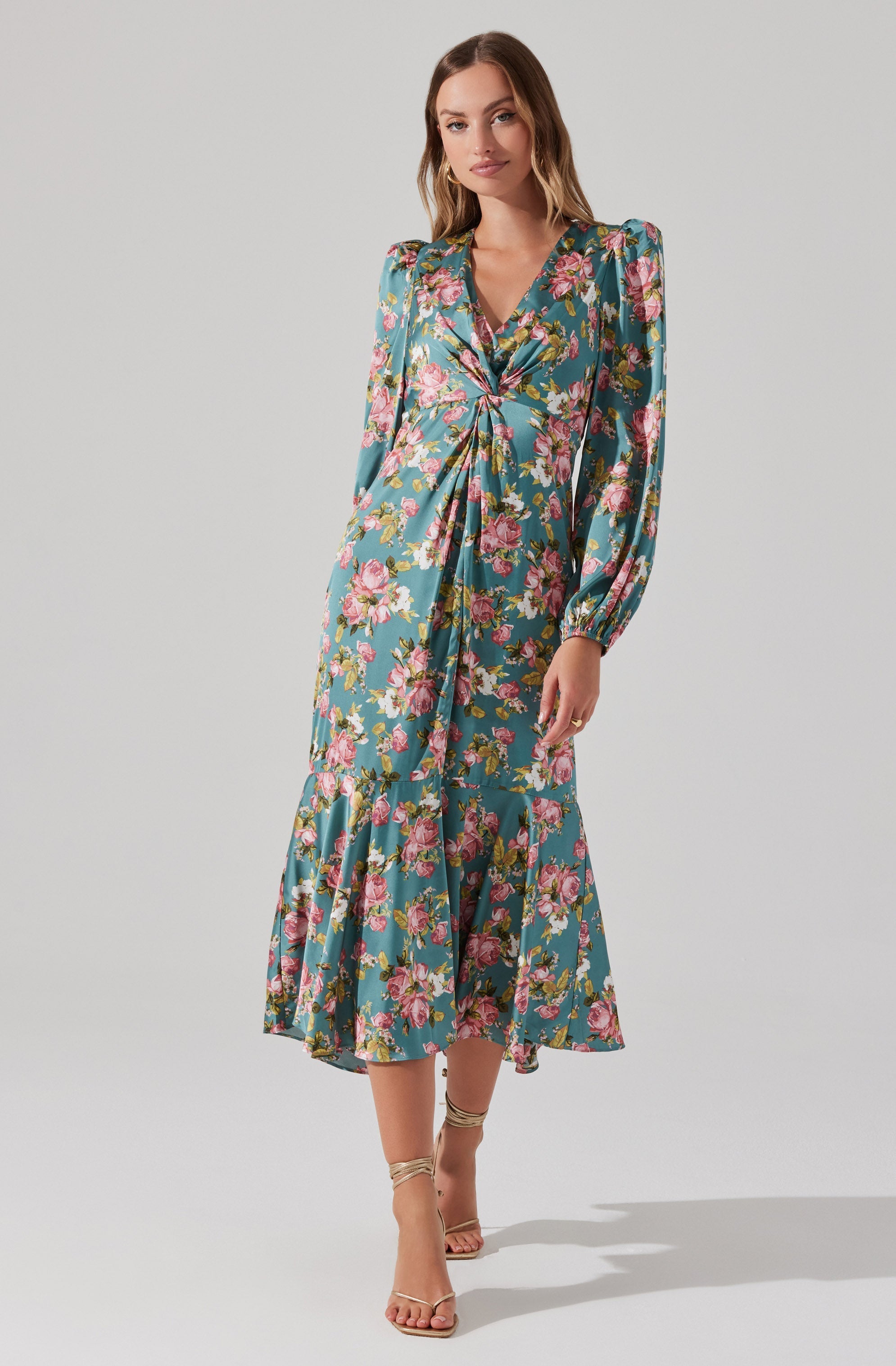 Satin Floral Twist V-Neck Midi Dress-Aljck