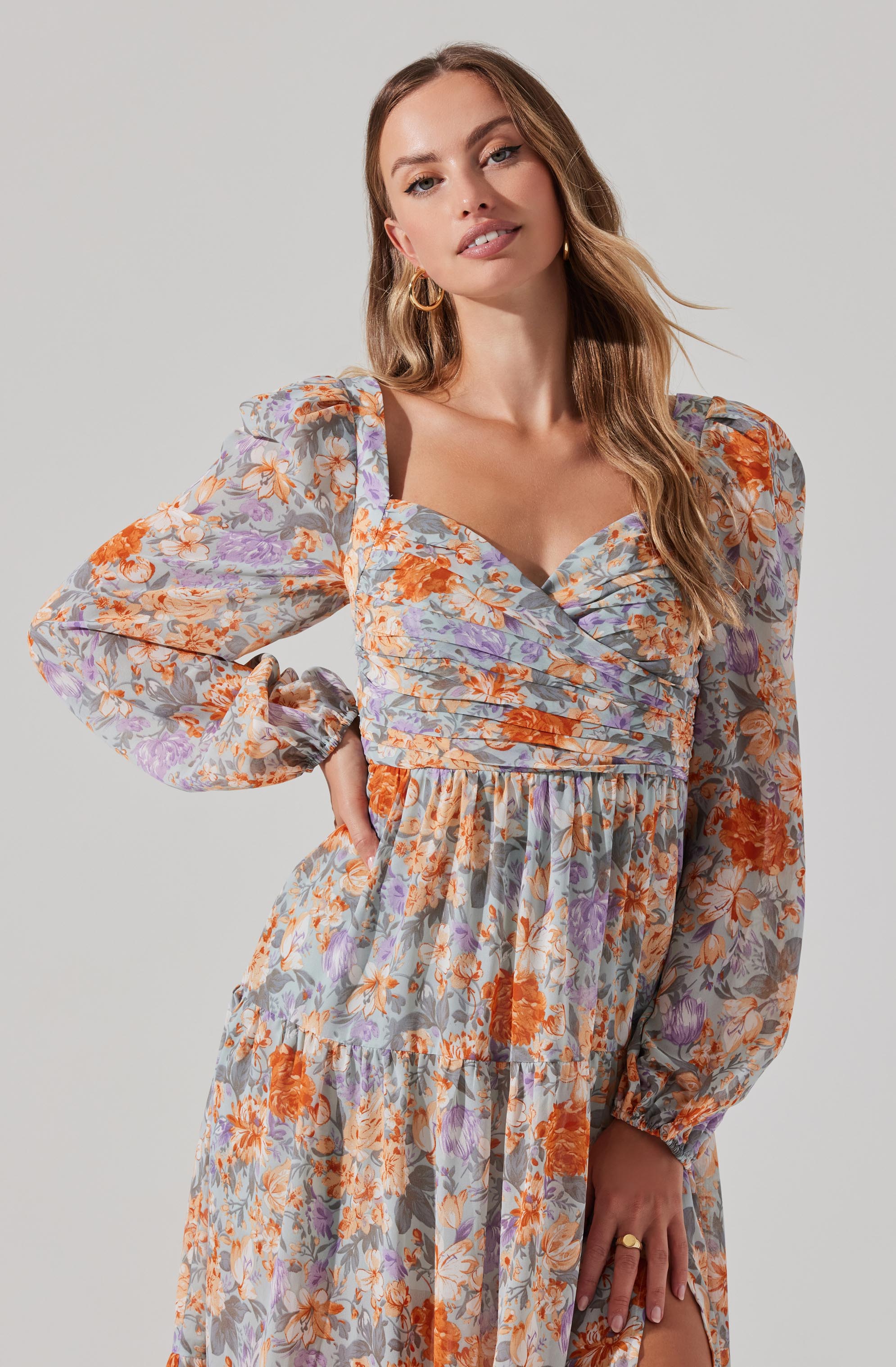 Floral Pleated Surplice Puff Sleeve Midi Dress-Aljck